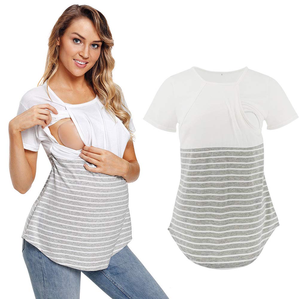Comfortable Maternity Nursing T-Shirt - Short Sleeve Striped Pregnancy Top for Breastfeeding - Relaxed Fit Summer Casual Tee for Expecting Moms - Perfect for Nursing, Lounging & Everyday Wear