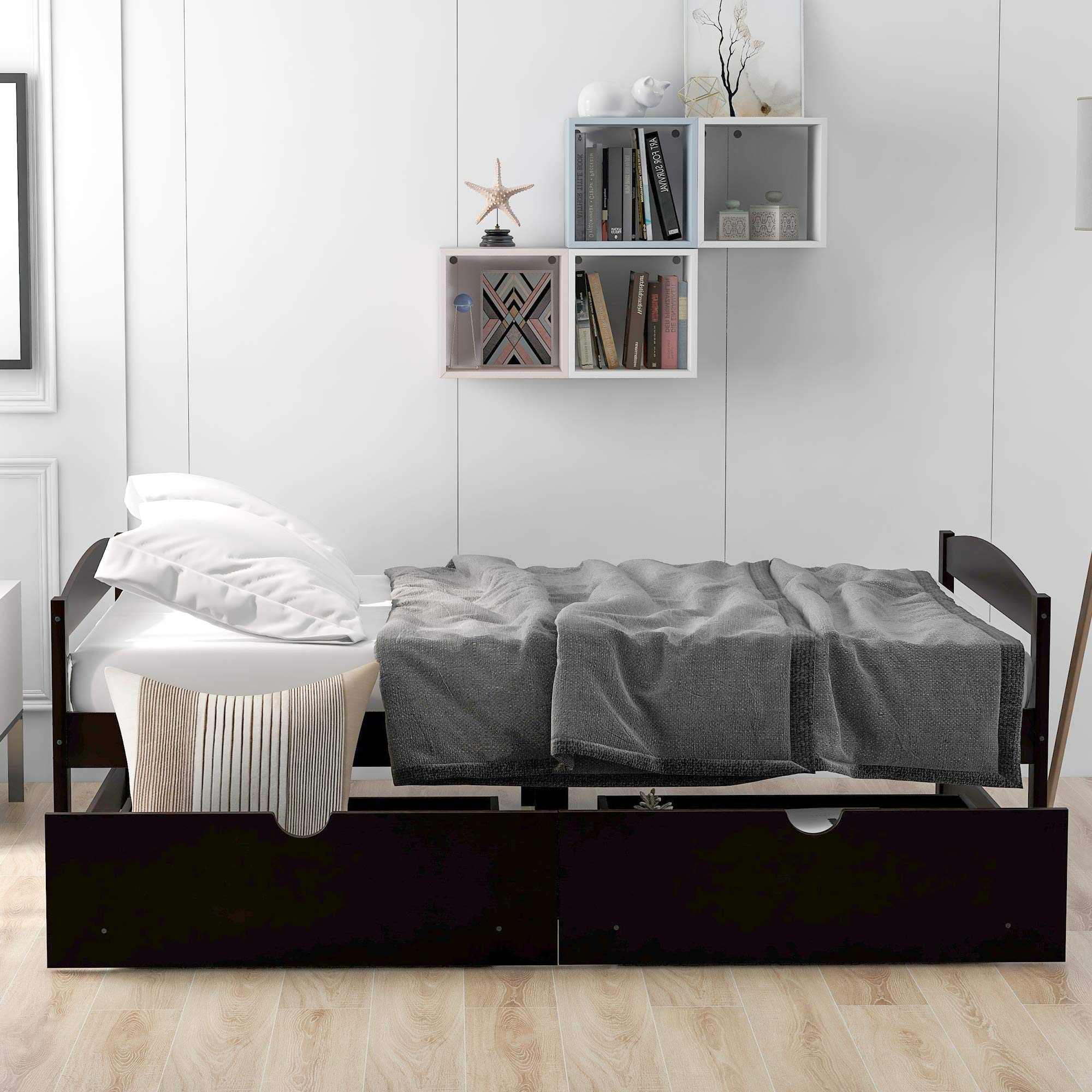 Polibi Twin Size Wood Platform Bed Frame with 2 Rolling Storage Drawers - Espresso Finish for Small Spaces, Kids Room & Guest Bedroom