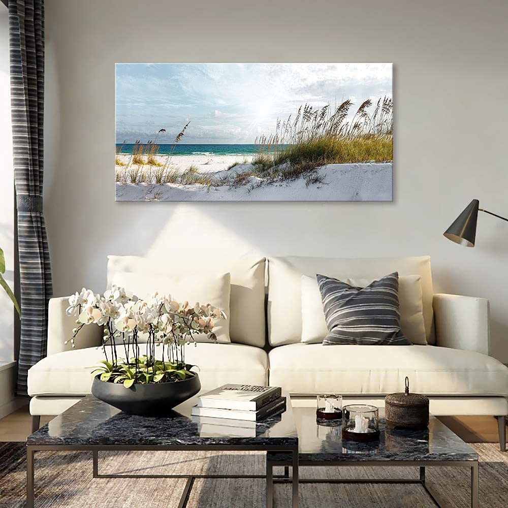 Ocean Beach Wall Art Framed Canvas Print - 24x48 Inch Coastal Decor for Bedroom, Living Room, Office & Bathroom - Sunshine Sea Waves Painting for Home & Vacation Rental Decor