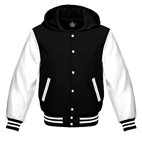 Premium Wool Varsity Hoodie Jacket with Genuine White Leather Sleeves - Baseball Letterman Bomber School Jacket for Men & Women | Perfect for Sports Events, School Activities & Casual Streetwear