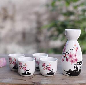 Premium Japanese Sake Set - Traditional Ceramic Tokkuri Bottle & 4 Ochoko Cups with Spring Blossom Design | Microwave & Dishwasher Safe | Perfect for Home Entertaining, Japanese Cuisine Pairing & Gift Giving