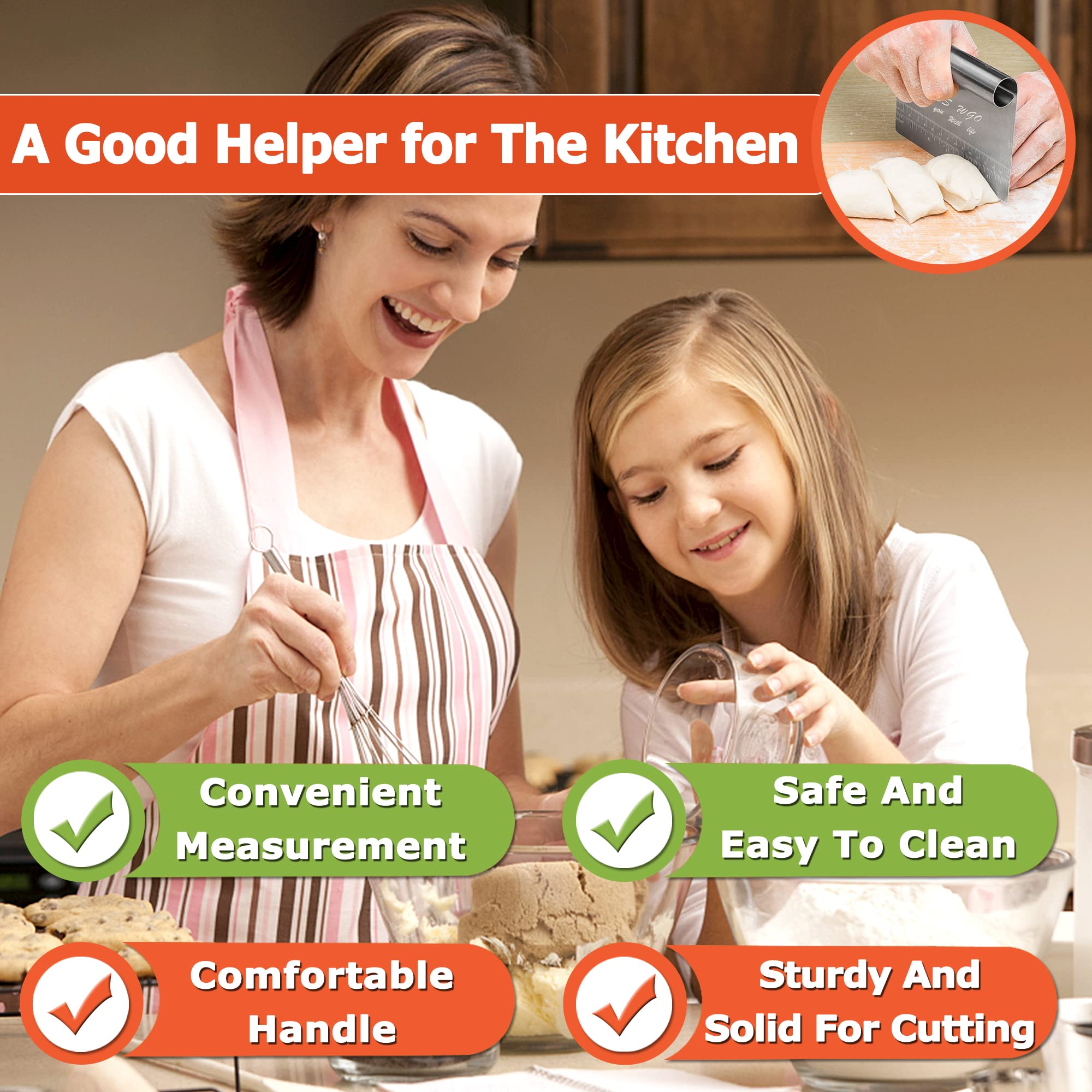 Stainless Steel Pastry Scraper & Dough Cutter - Multi-Purpose Kitchen Tool with Measuring Scale for Baking, Cake Decorating & Pizza Cutting - Professional Mirror Polished Bread Separator & Pastry Knife - Perfect for Home Bakers & Professional Chefs