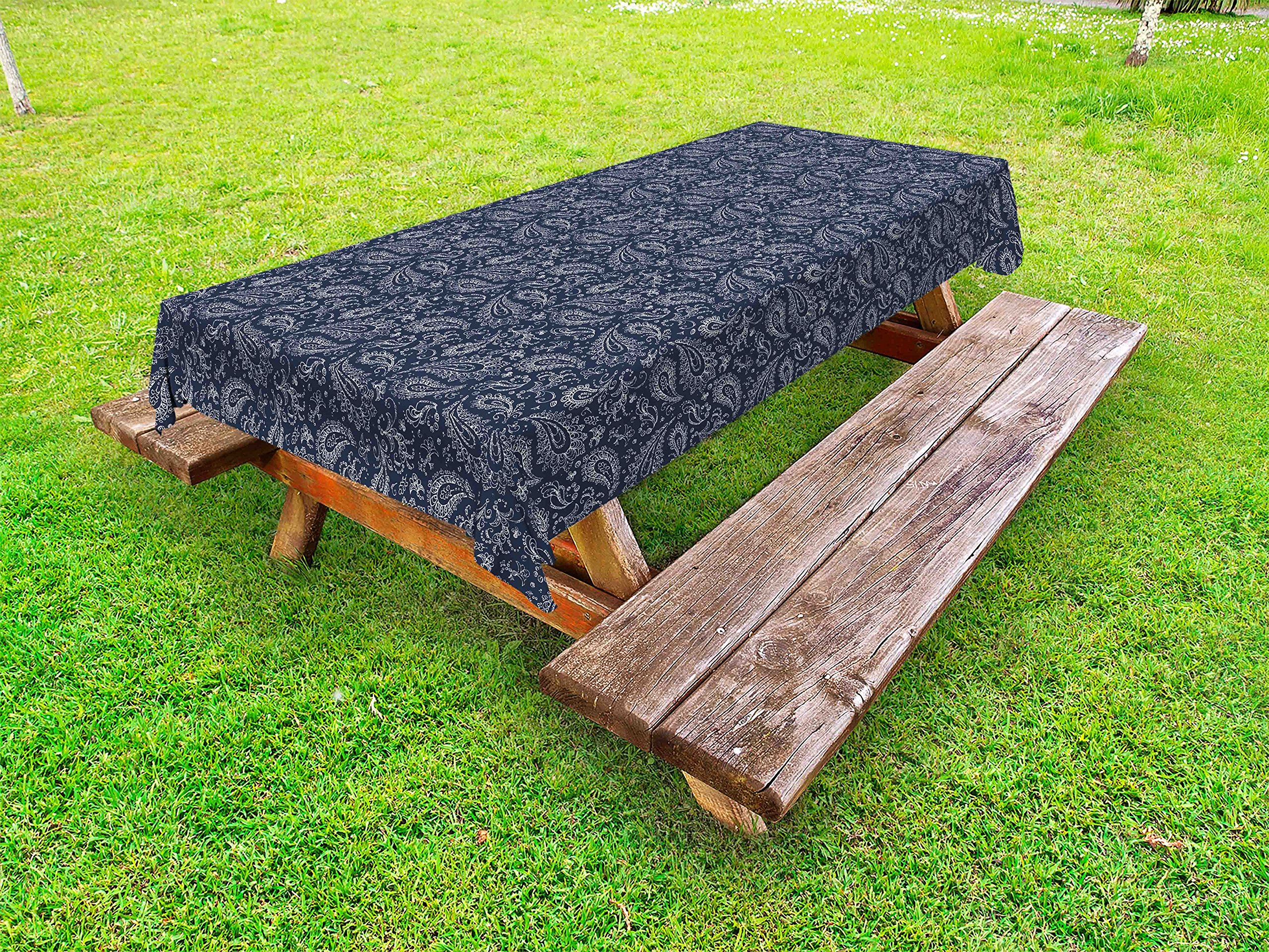 Ambesonne Vintage Bohemian Paisley Outdoor Tablecloth - Hand Drawn Grunge Style Dark Blue & White Washable Picnic Table Cover 58x104 Inches - Perfect for Garden Parties, Patio Dining & Outdoor Events