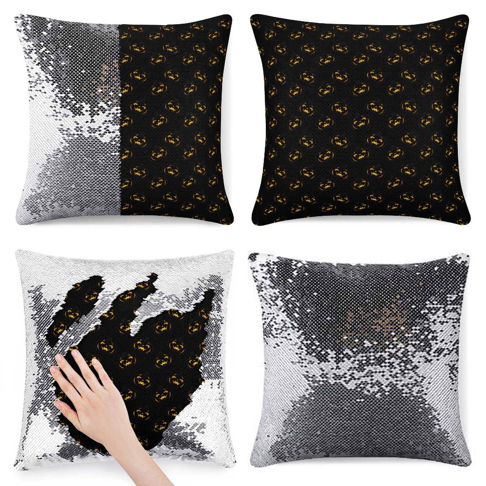 16x16 Inch Sequin Pillow Cover - Reversible Flip Sequins Decorative Throw Pillow Case for Couch, Bed, Sofa - Mermaid & Halloween Decor with Pumpkin Skulls Design - Perfect for Home Decor, Living Room, Bedroom, and Party Decorations