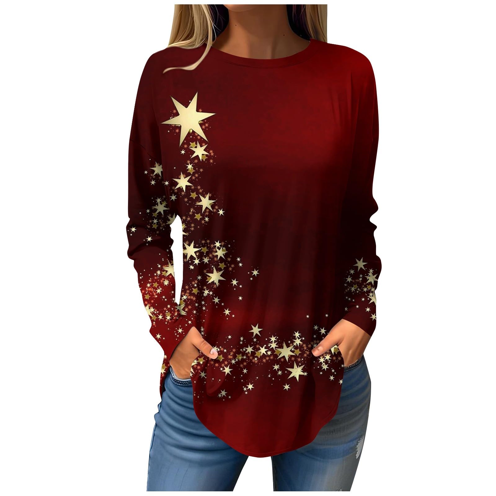 Women's Christmas Tops - Cute Round Neck Long Sleeve Tee Shirts & Lightweight Pullover Blouses for Holiday Parties & Family Gatherings