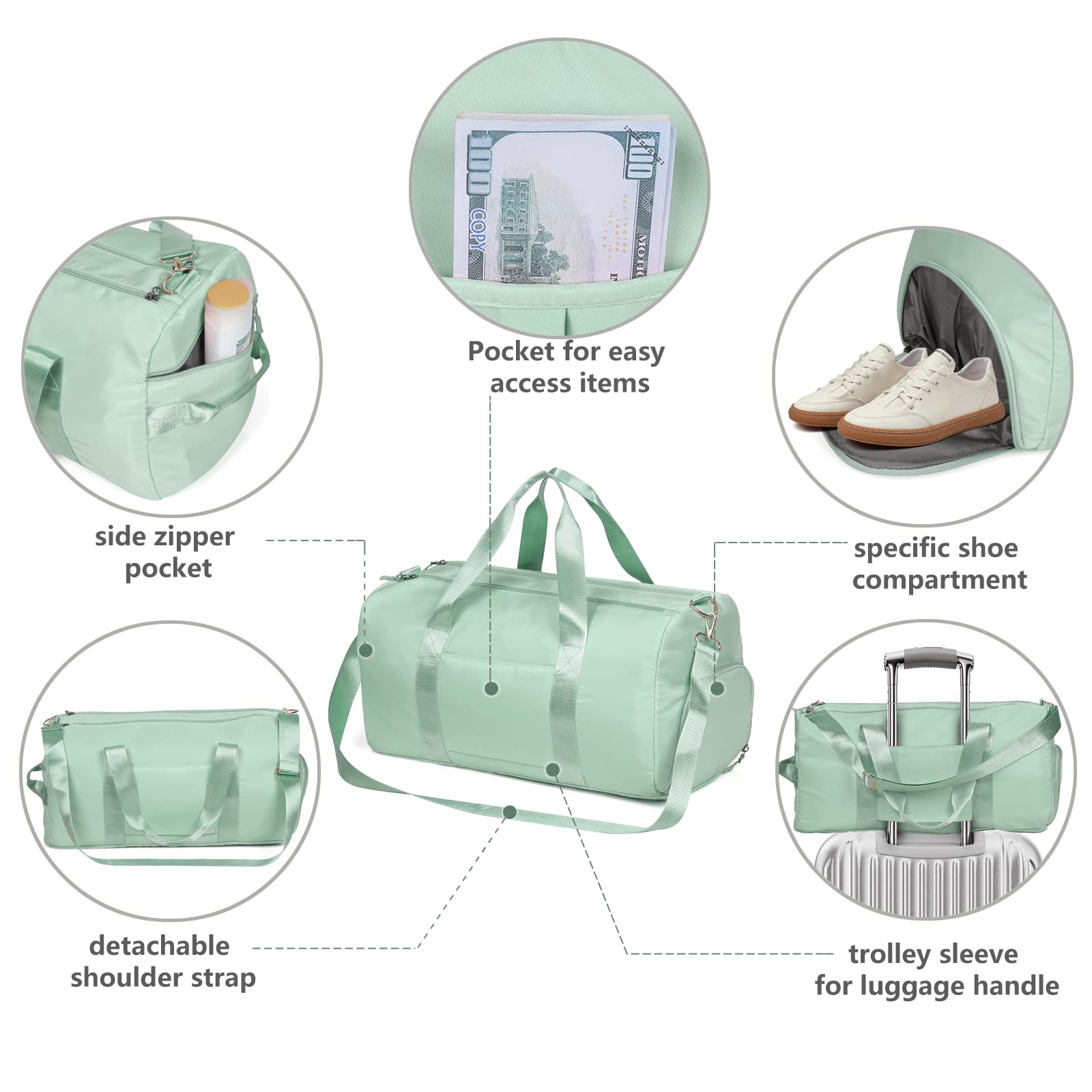 Waterproof Gym Duffle Bag for Women - Lightweight Travel Duffel Carry On Shoulder Bag with Shoe Compartment | Perfect for Sports, Overnight Trips, School & Camping | Medium Green Weekender Bag