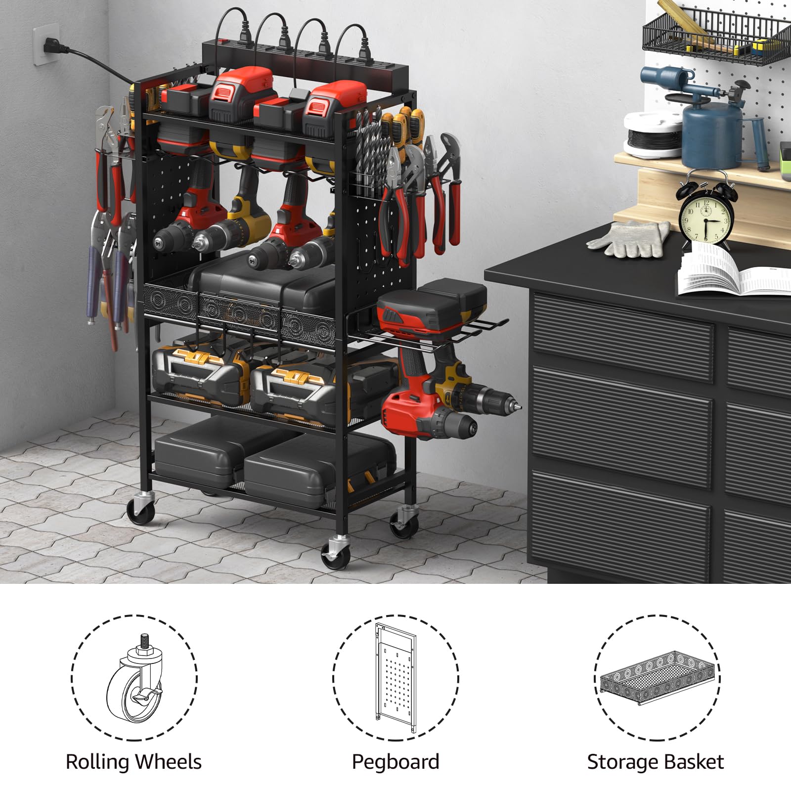 CCCEI Rolling Tool Cart with Charging Station - Mobile Garage Storage Organizer for Power Tools, Drills & Batteries - Heavy Duty Utility Cart with Wheels & Power Strip - Perfect for Mechanics, DIY Workshops & Home Garage Organization (Black)