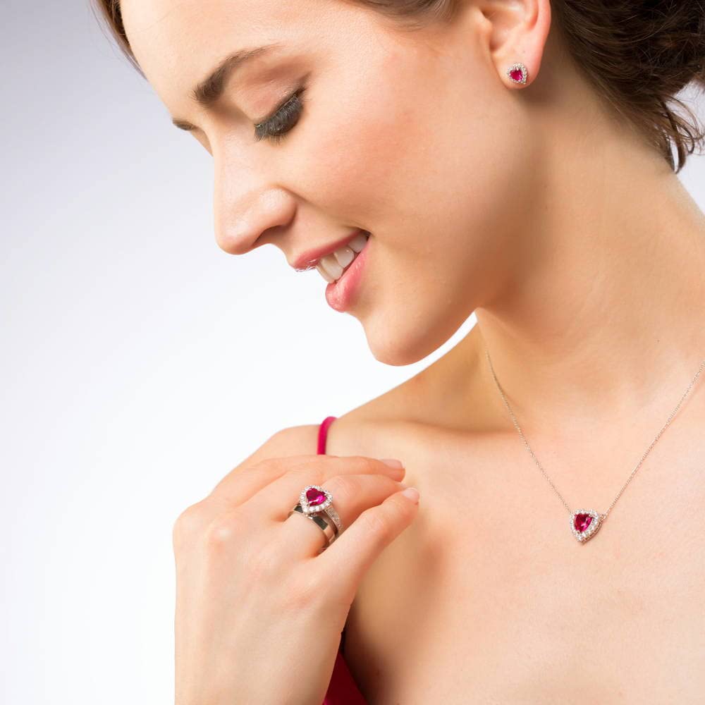 Sterling Silver Halo Engagement Ring with Heart-Shaped Simulated Ruby & Cubic Zirconia - Women's Wedding Jewelry Set (Size 4-10, Rhodium Plated) - Perfect for Proposals, Anniversaries & Romantic Gifts