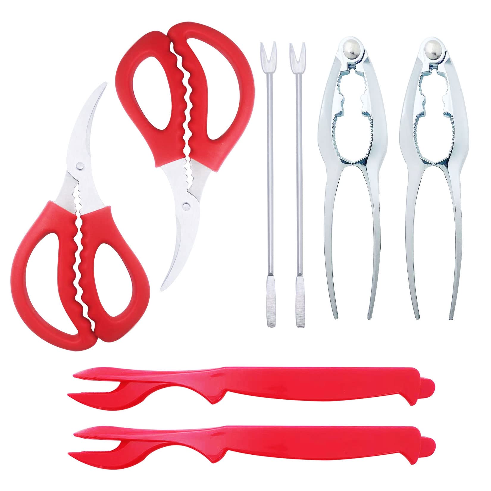 Premium Seafood Cracker & Sheller Set - 8-Piece Lobster & Crab Crackers with Forks (Red) - Perfect for Seafood Lovers, Dinner Parties & Beach Picnics