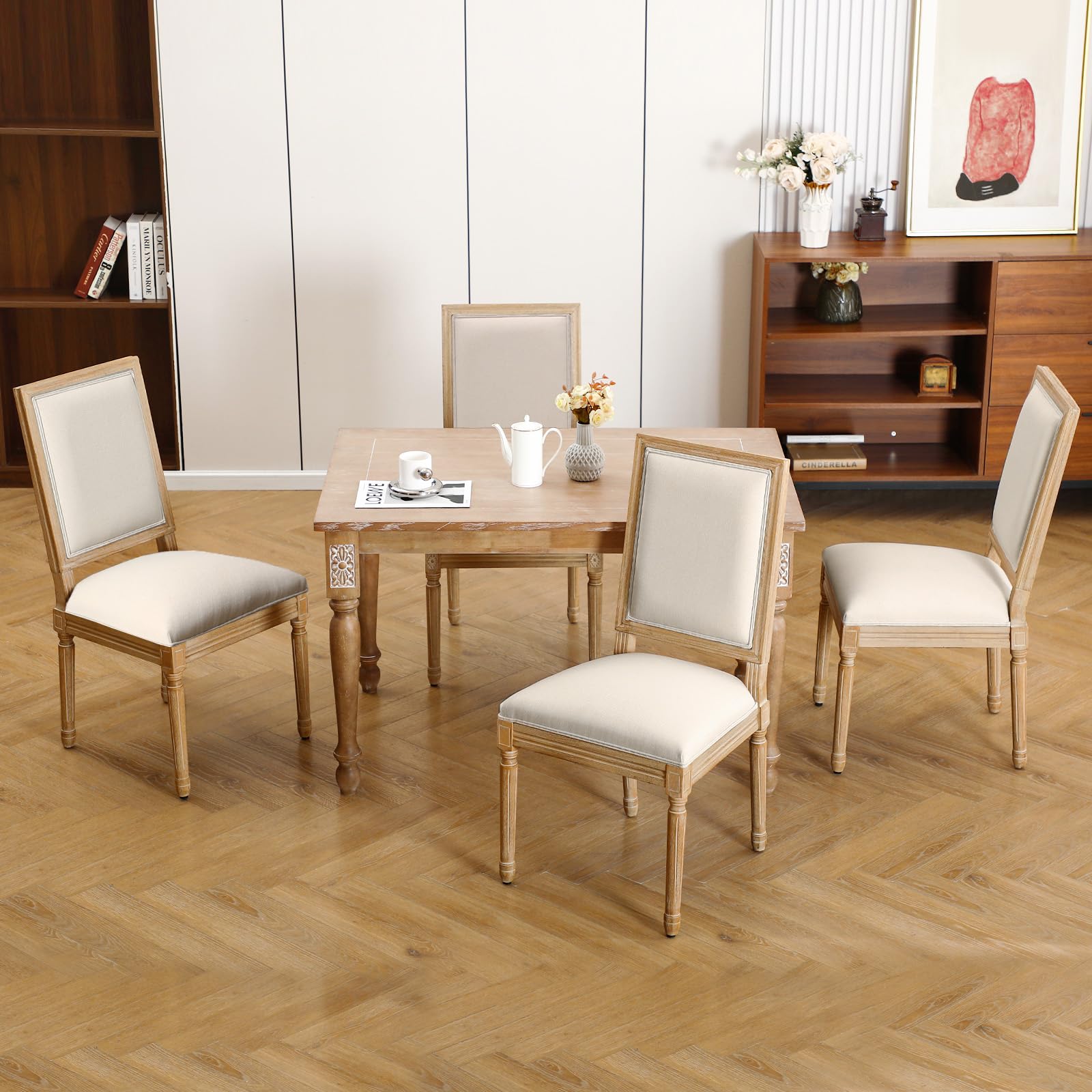 Furniliving French Country Dining Chairs Set of 4 - Upholstered Farmhouse Kitchen Chairs with Back for Dining Room, Living Room, Restaurant (Beige Square) | Perfect for Farmhouse Decor, Rustic Weddings & Cozy Home Dining