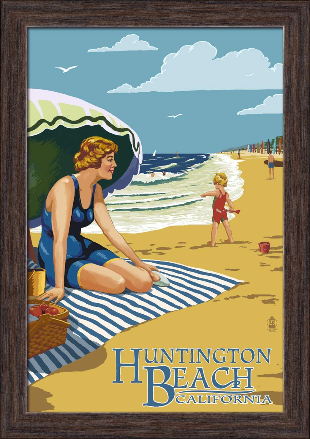 12x18 Giclee Fine Art Print - Huntington Beach California Coastal Scene - Recycled Wood Frame in Espresso Brown - Perfect for Beach House Decor, Living Room Wall Art & Coastal Theme Interiors