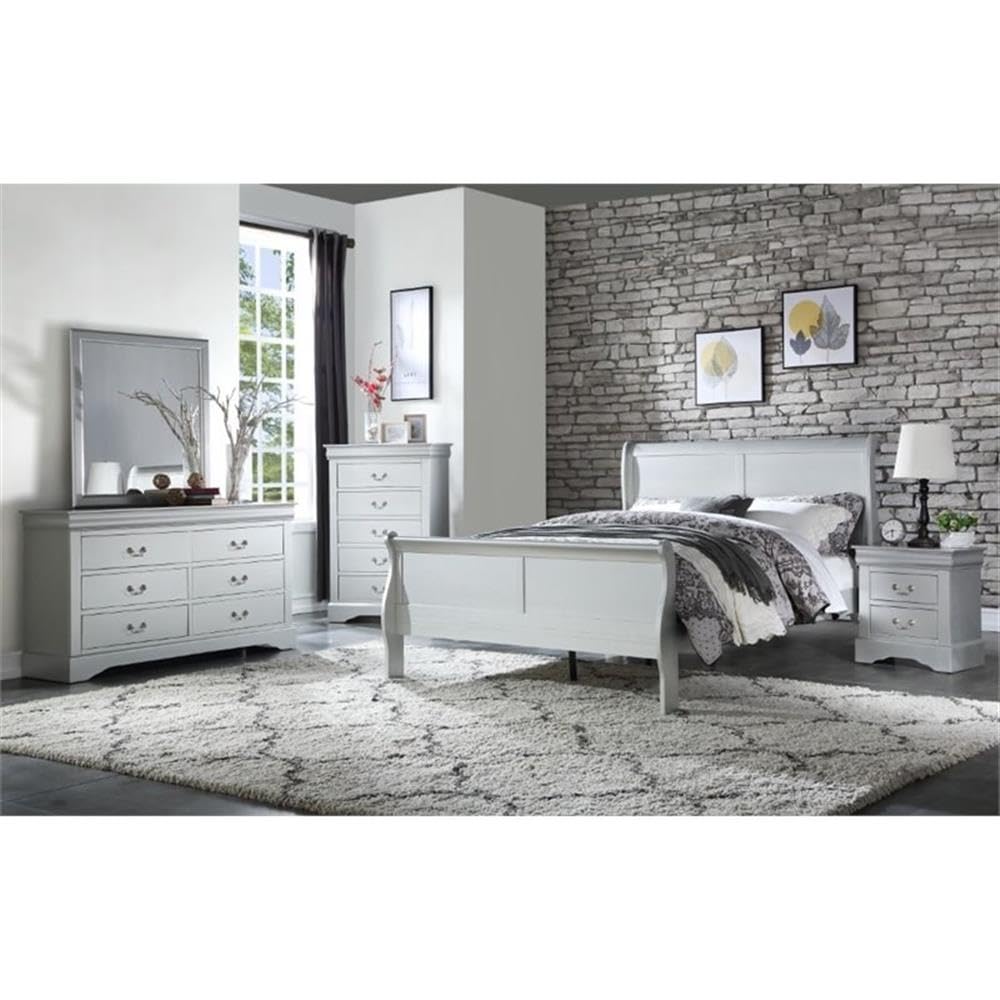 Acme Louis Philippe Wooden Twin Sleigh Bed in Platinum White - Classic Wooden Twin Bed Frame for Kids & Teens - Perfect for Bedroom Decor & Guest Rooms