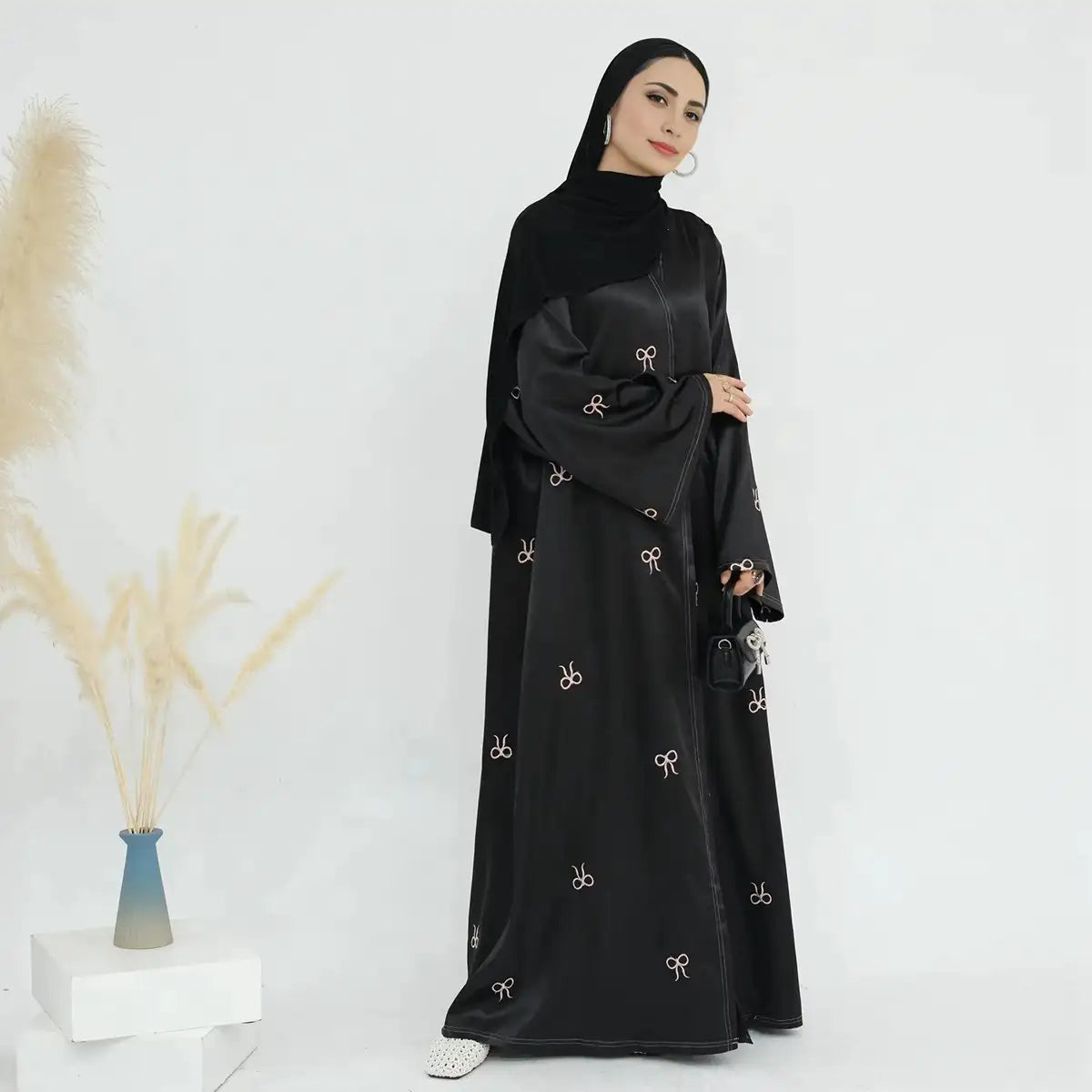 Elegant Open Abaya Dress with Bow Embroidery - Satin Cardigan for Women in Gray, Coffee & Black | Perfect for Prayer, Modest Fashion & Special Occasions