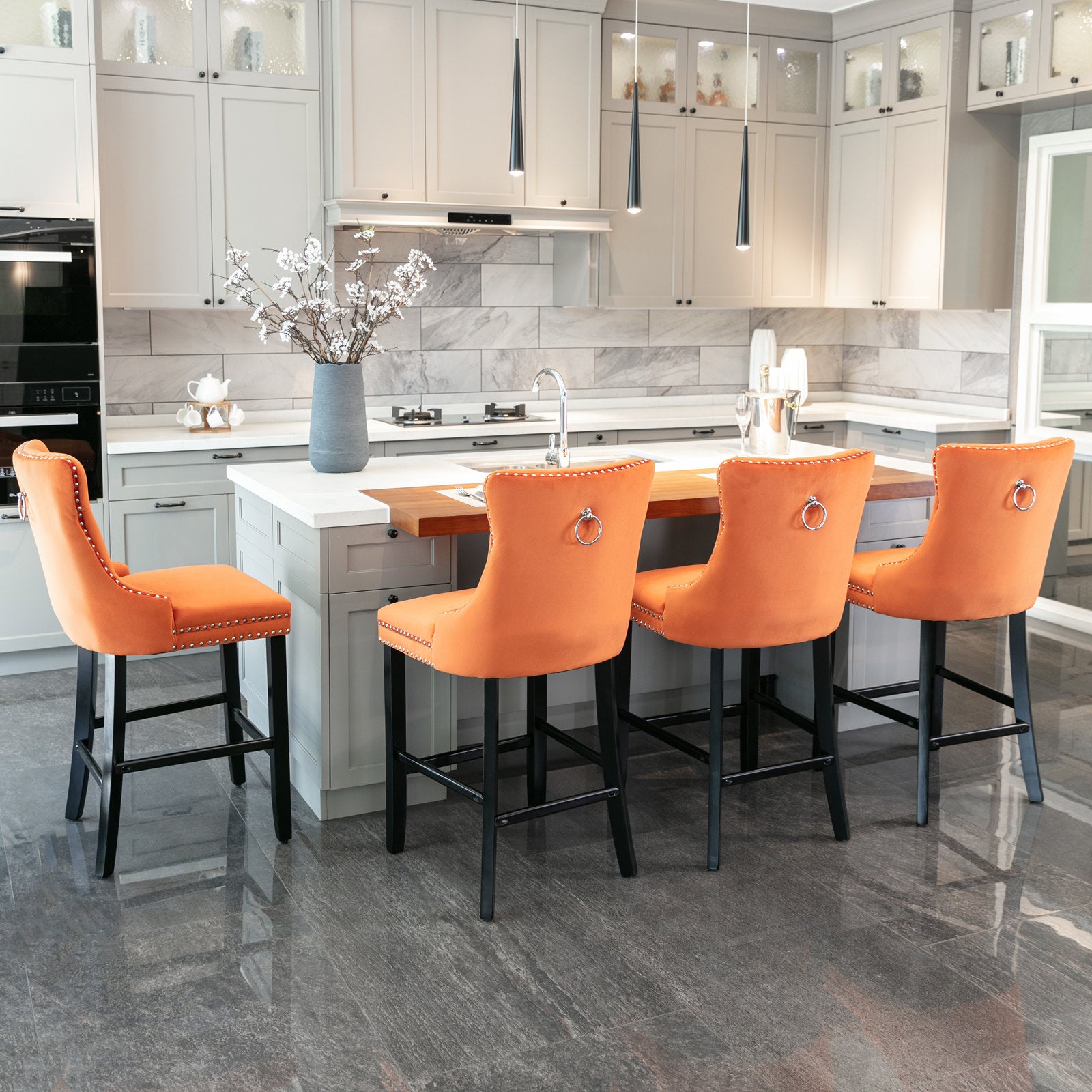 Luxury Velvet Bar Stools Set of 2 - Modern Button Tufted Bar Chairs with Wooden Legs & Chrome Nailhead Trim - Orange Upholstered Counter Stools for Kitchen Island, Home Bar & Dining Room Decor