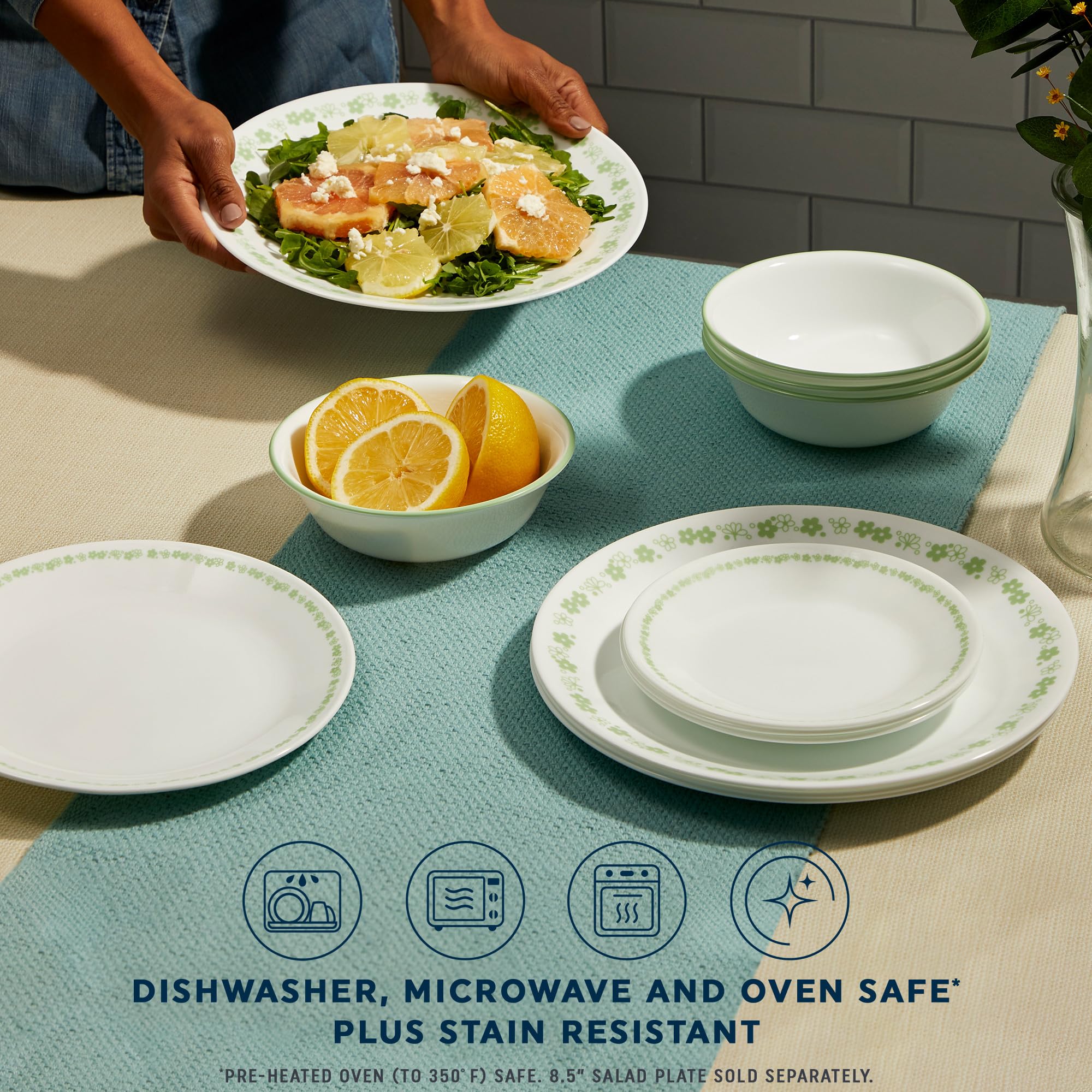 Corelle Vitrelle 18-Piece Dinnerware Set for 6, Chip & Crack Resistant Glass Plates & Bowls, Spring Blossom Green - Perfect for Everyday Dining, Family Gatherings & Dinner Parties