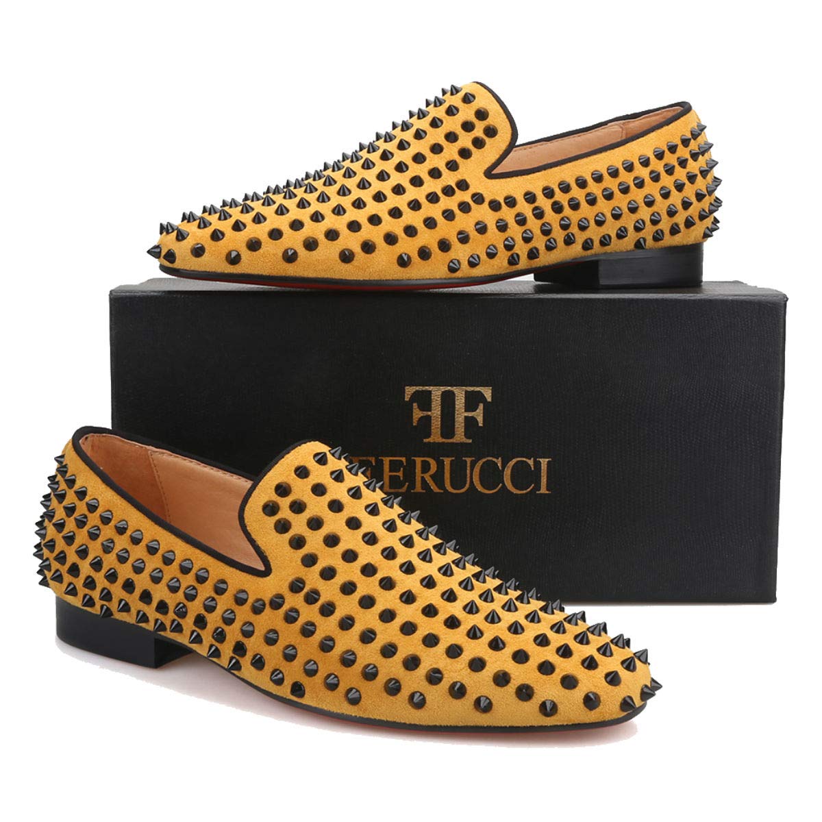 FERUCCI Men's Gold Yellow Velvet Loafers with Black Spikes & Rivets - Comfortable Slip-On Dress Shoes for Wedding, Prom, Party & Formal Occasions