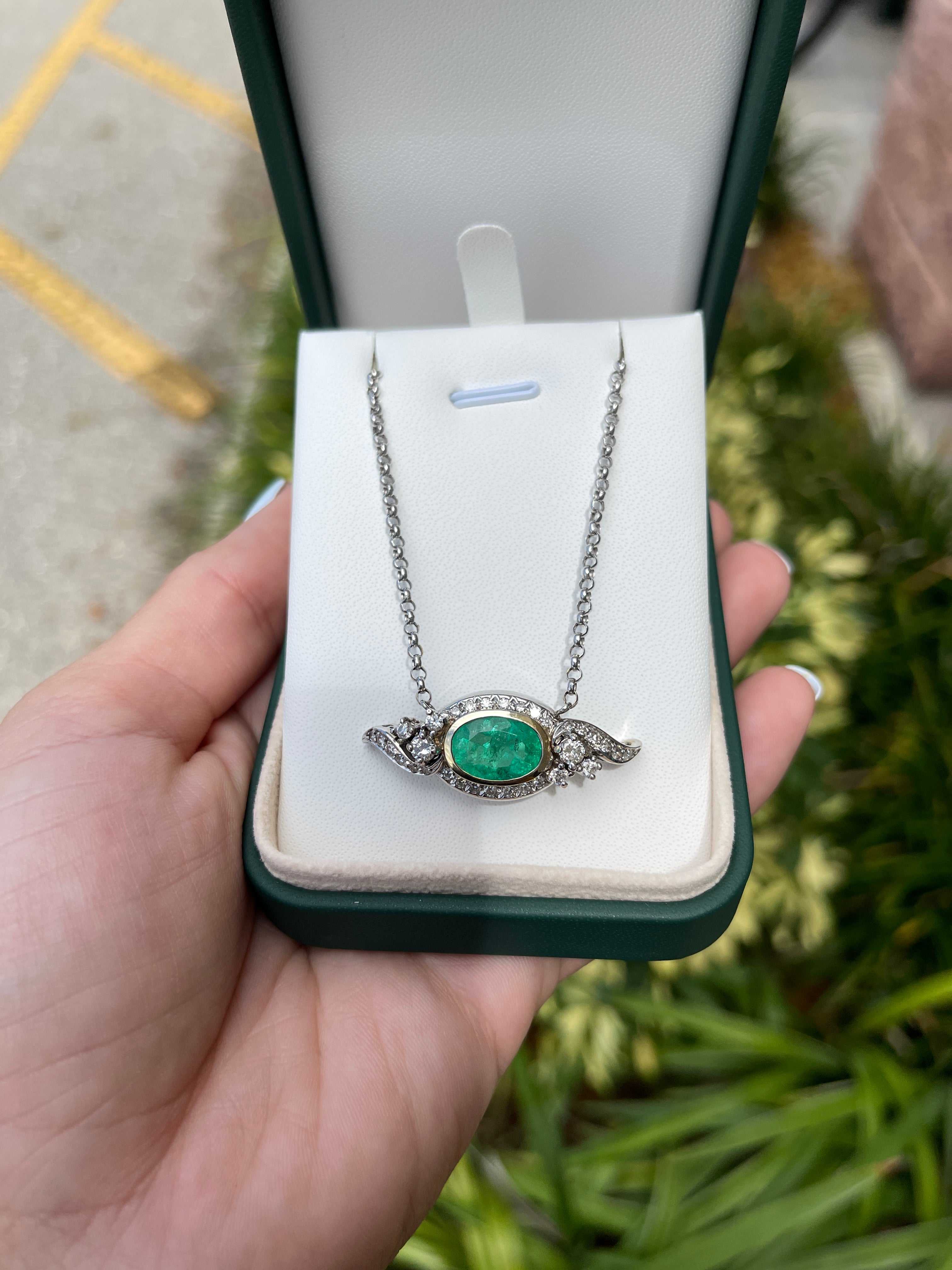 5.05tcw Vintage Oval Emerald & Diamond Accent Necklace in 14K Two-Tone Gold - Elegant Jewelry for Weddings, Anniversaries & Special Occasions