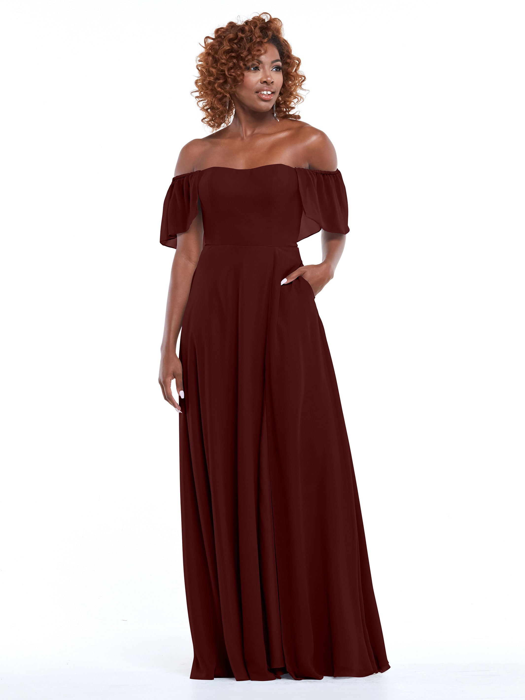 Elegant A-Line Off-The-Shoulder Chiffon Bridesmaid Dress with Pockets - Perfect for Weddings, Formal Events & Special Occasions