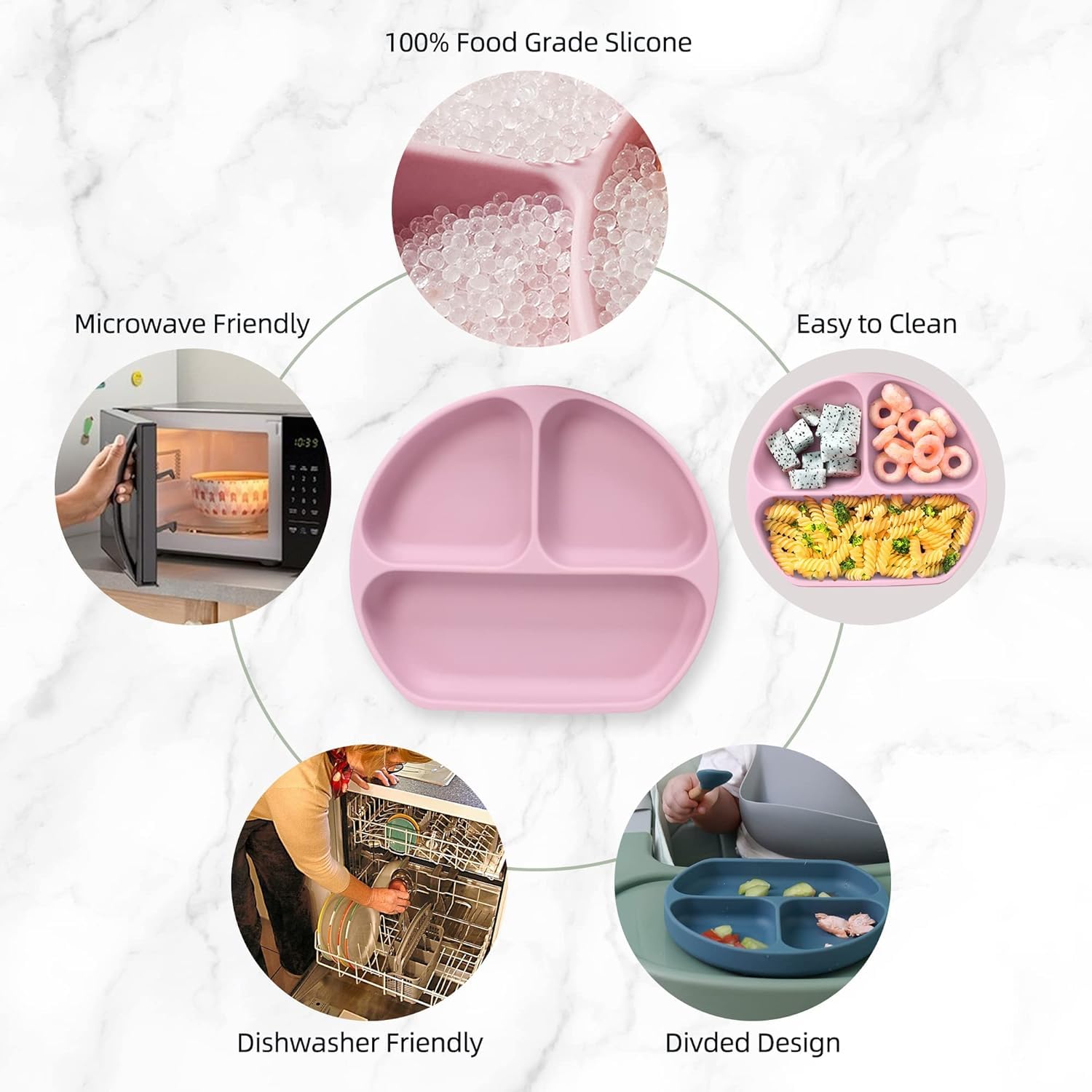 Non-Slip Silicone Baby Plate with Suction Base - Divided Toddler Dish, 100% Food-Grade BPA-Free, Microwave & Dishwasher Safe (Pink) - Perfect for Mess-Free Mealtime, Travel & Daycare Use