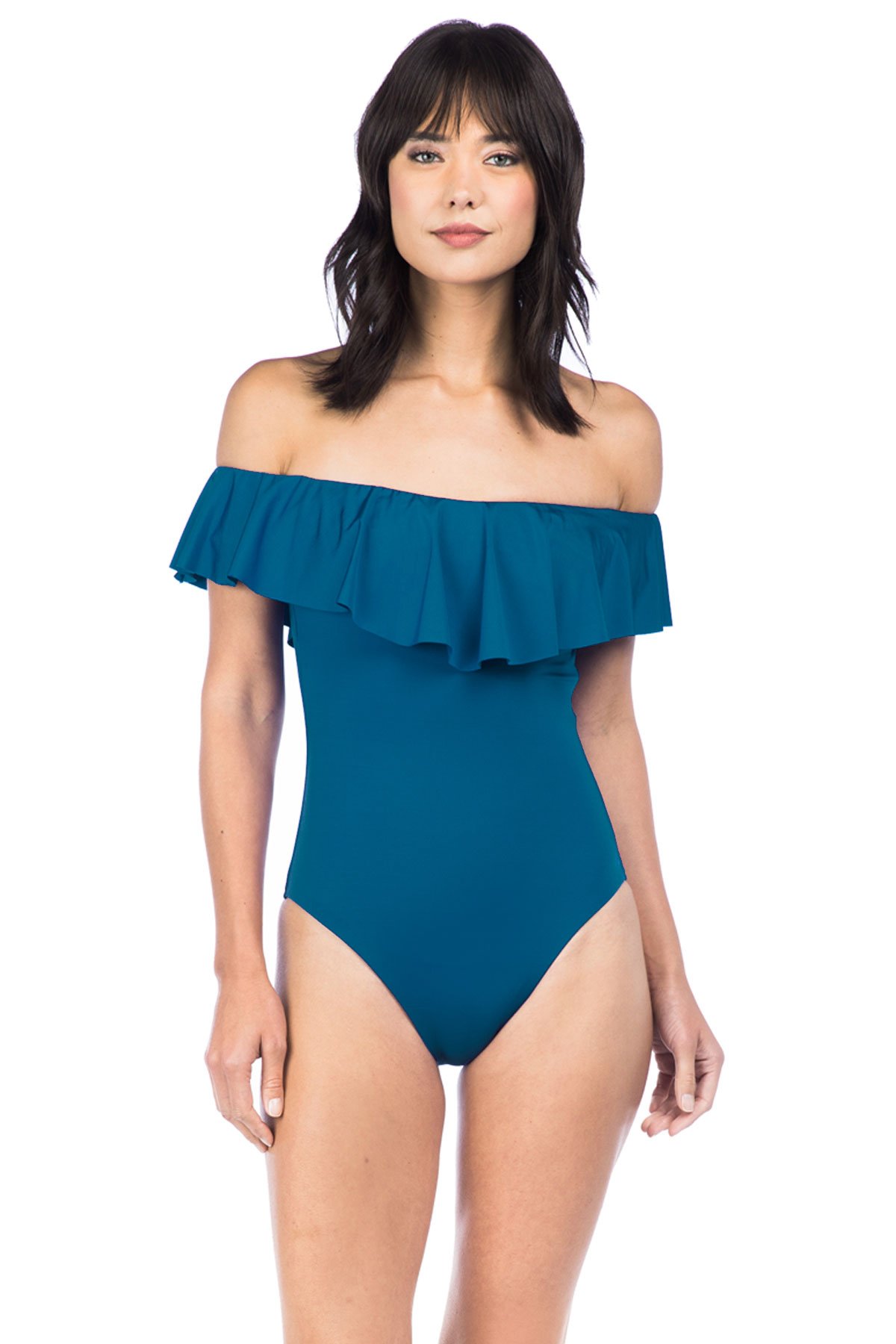 Trina Turk Women's Off-Shoulder Ruffle Bandeau One Piece Swimsuit | Sexy Summer Swimwear for Beach, Pool & Vacation | Flattering Fit & UPF Protection