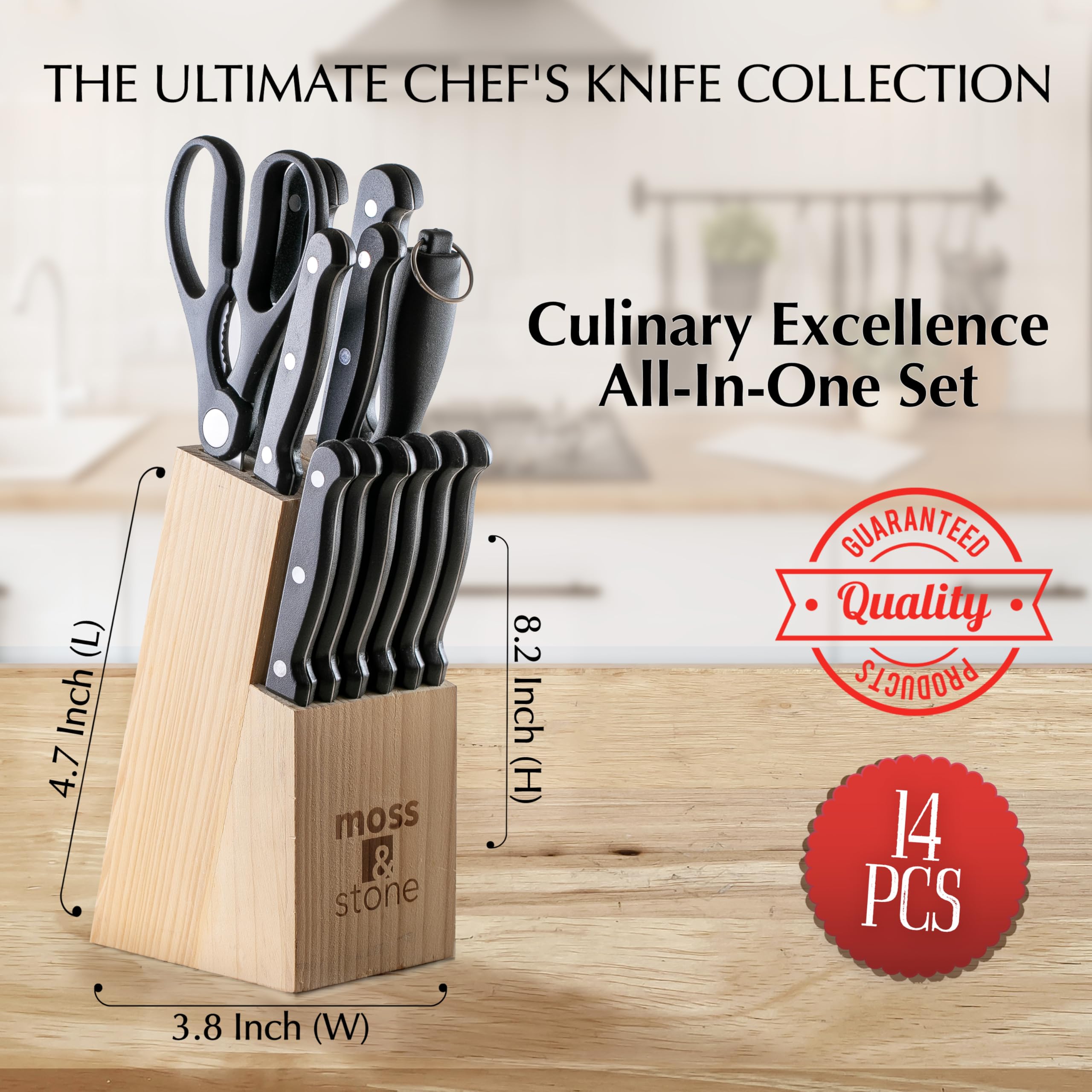 Premium 14-Piece Stainless Steel Knife Block Set - High-Carbon Steel Kitchen Knives with Wooden Holder - Sharp Cutlery Set for Professional Chefs & Home Cooking - Perfect for Meat Cutting, Vegetable Chopping & Food Prep