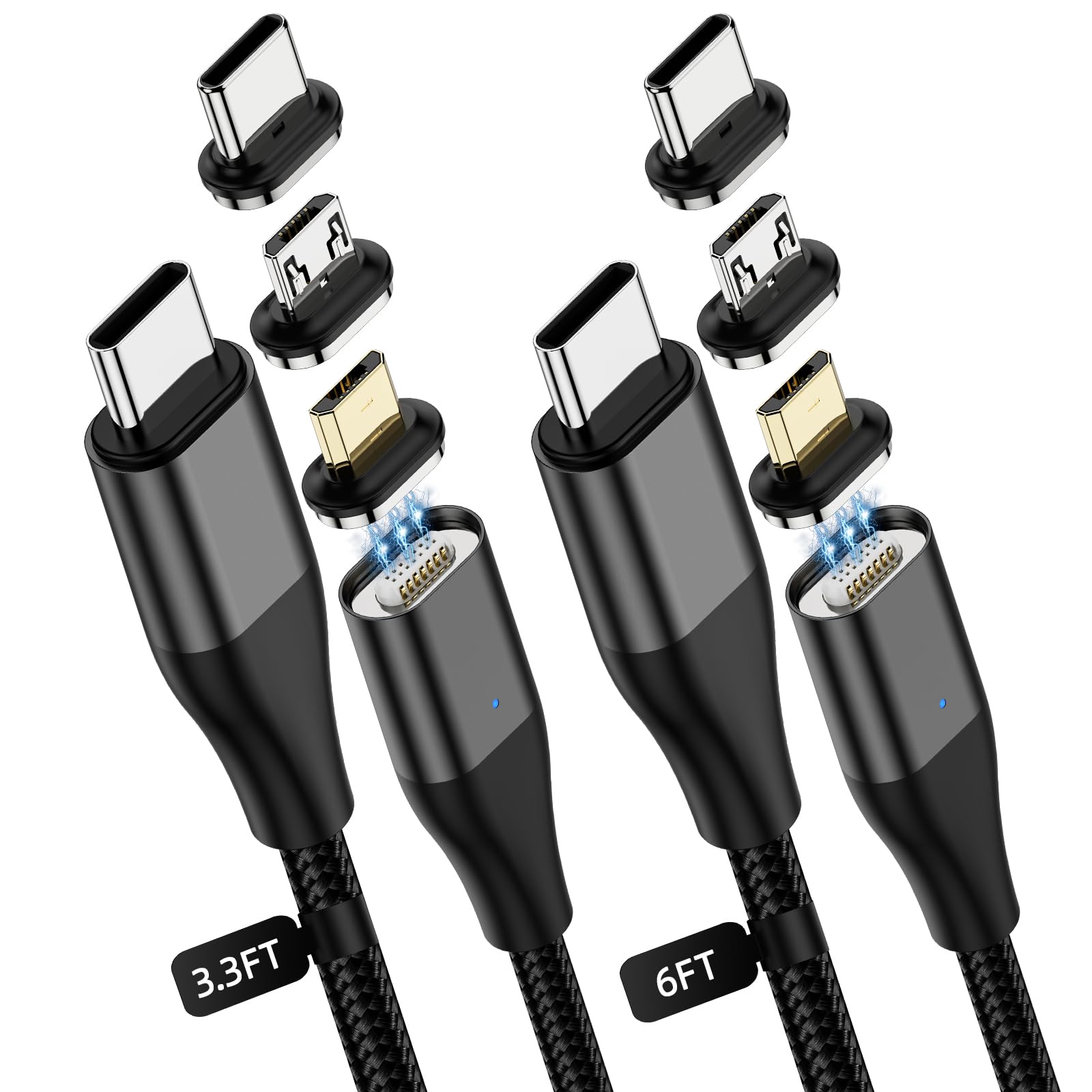 YKZ 3-in-1 Magnetic USB C to C Cable - 60W PD Fast Charging, Nylon Braided [3.3FT+6.0FT] - Compatible with Samsung Galaxy, iPhone 15, MacBook, iPad Pro & More Android Devices (Black) | Perfect for Home, Office & Travel Charging