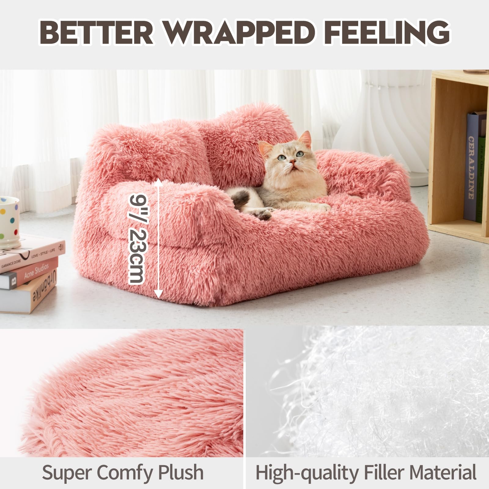Mewoo Soft Washable Pet Bed for Cats & Small Dogs - Calming Puppy Sleeping Bed, Anti-Slip Cat Couch Sofa for Indoor Pets (Pink) - Perfect for Living Room, Bedroom & Pet Napping Areas