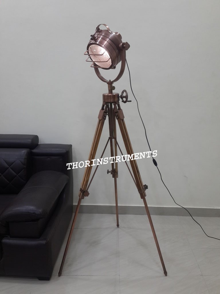 THOR INSTRUMENTS Classic Vintage Tripod Floor Lamp - Nautical Copper Searchlight with Stand - Rustic Industrial Home Decor Gift for Living Room, Bedroom & Office
