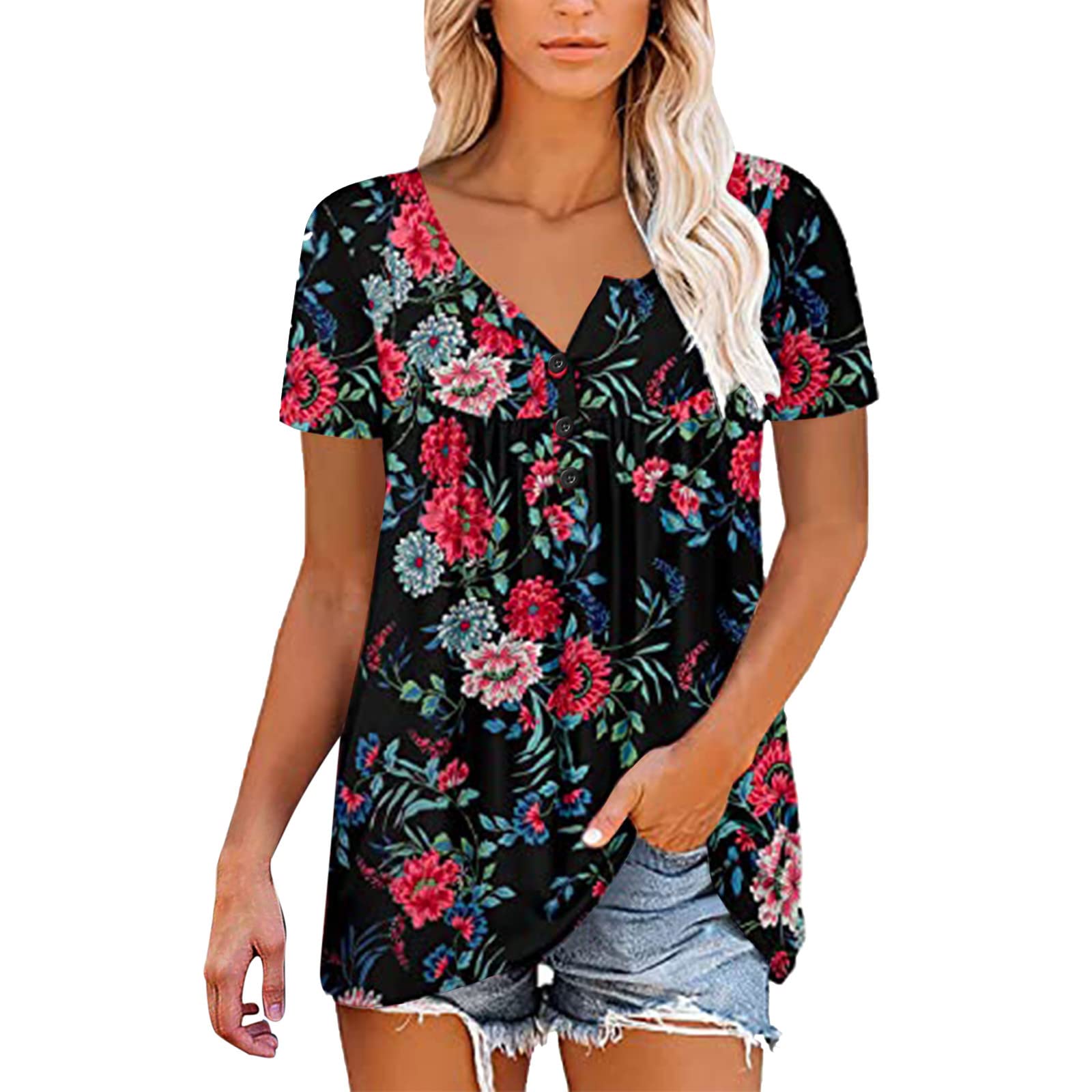 Women's Summer Tops - Ruffle Short Sleeve V-Neck Casual Blouse Tunic Shirts for Beach, Vacation & Everyday Wear