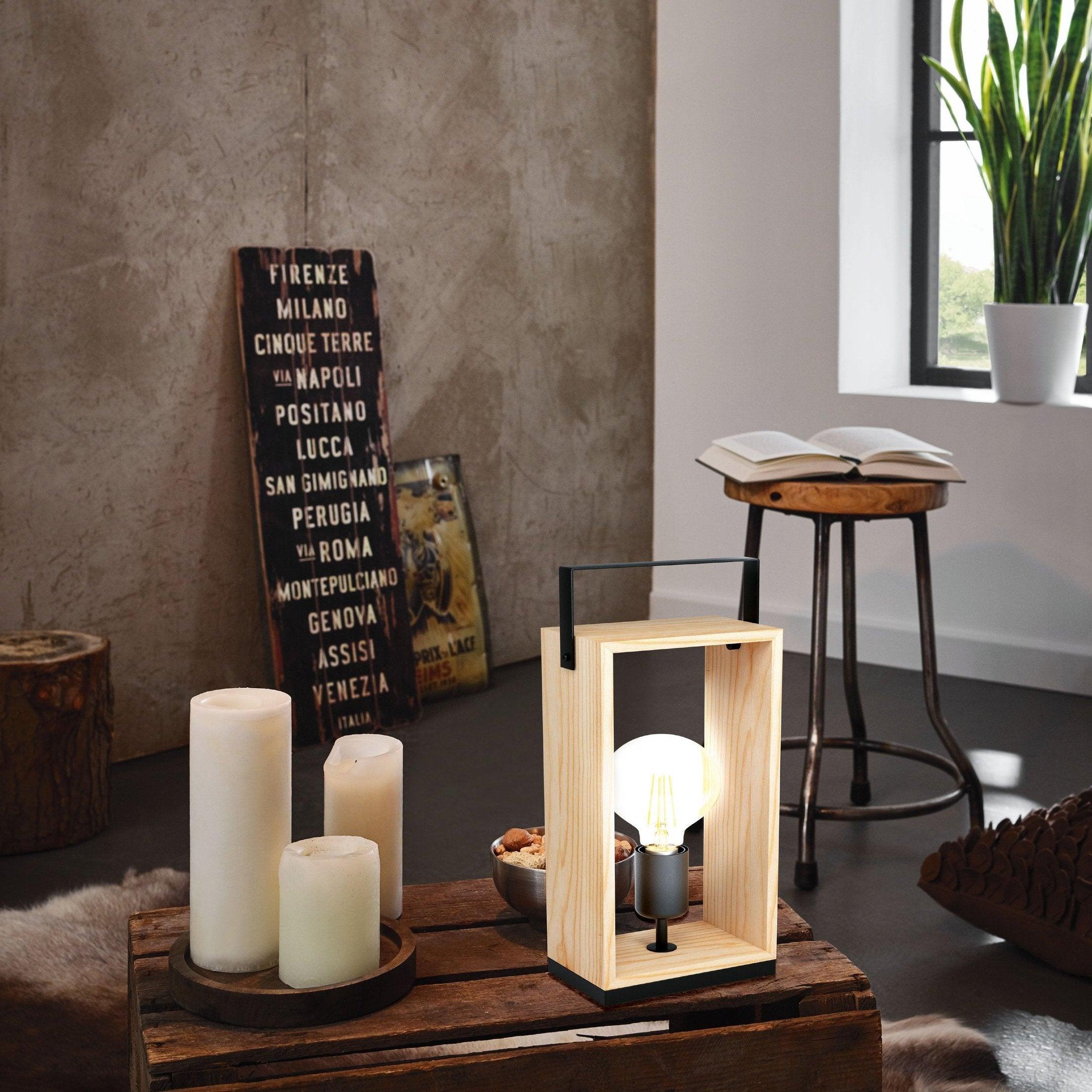 Eglo Famborough Natural Square Wooden Table Lamp - Modern Farmhouse Nightstand Light for Bedroom, Living Room & Office Decor