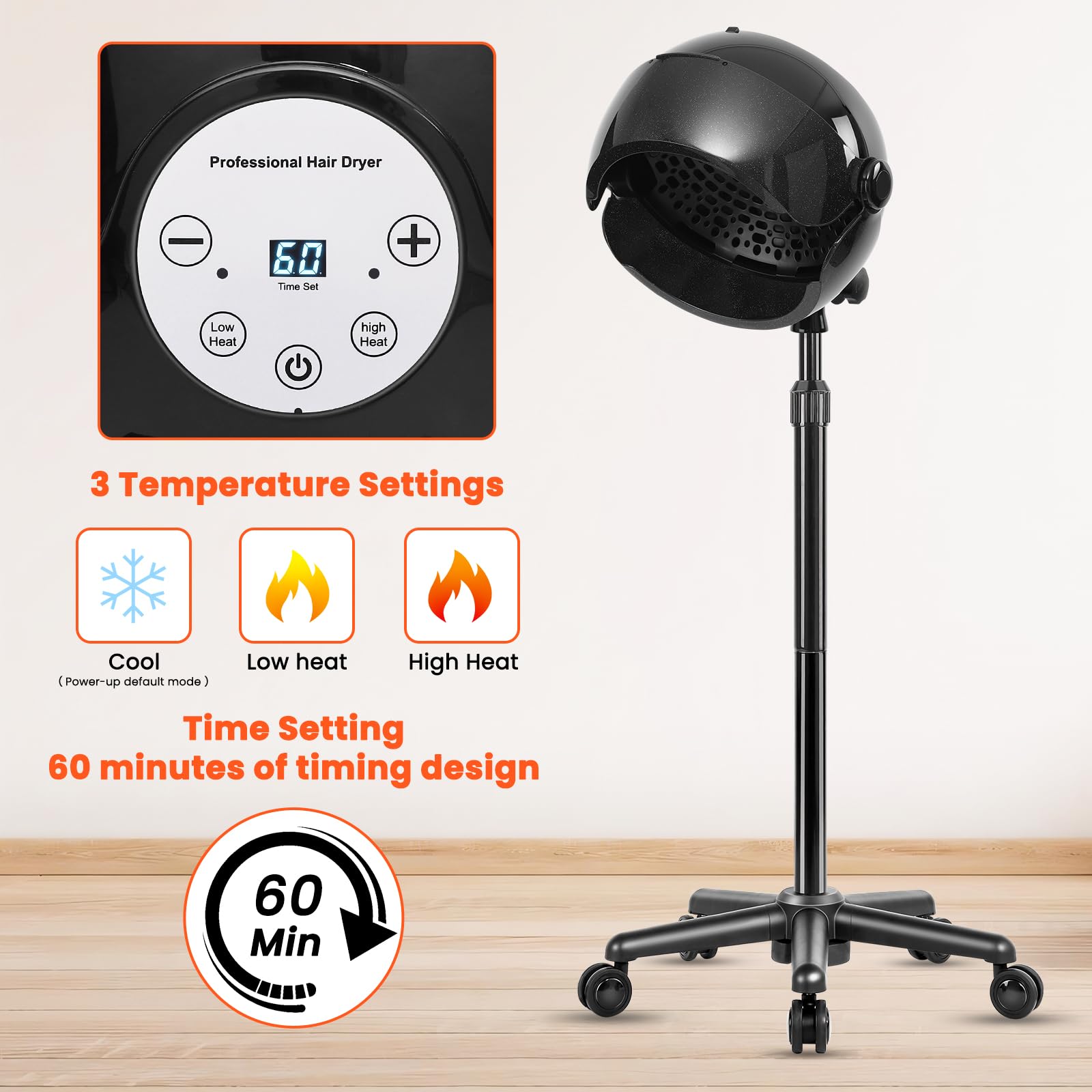 Professional Hooded Hair Dryer with Digital Display & Touch Controls - 3 Temperature Settings, Wheels for Easy Mobility - Salon & Home Use (Black) | Perfect for Hair Styling, Drying & Treatments in Salons or At Home