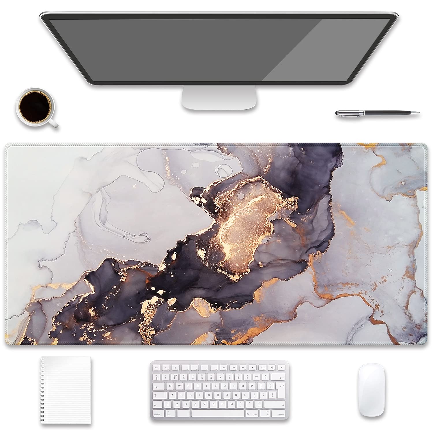 Pemlari XXL Gaming Mouse Pad - 31.5x15.7 Inch Large Extended Mouse Mat with Non-Slip Rubber Base, 3mm Thick Water-Resistant Desk Mat for PC, Laptop, Keyboard - Grey Gold Marble Design - Perfect for Gaming, Office Work & Home Computer Setup