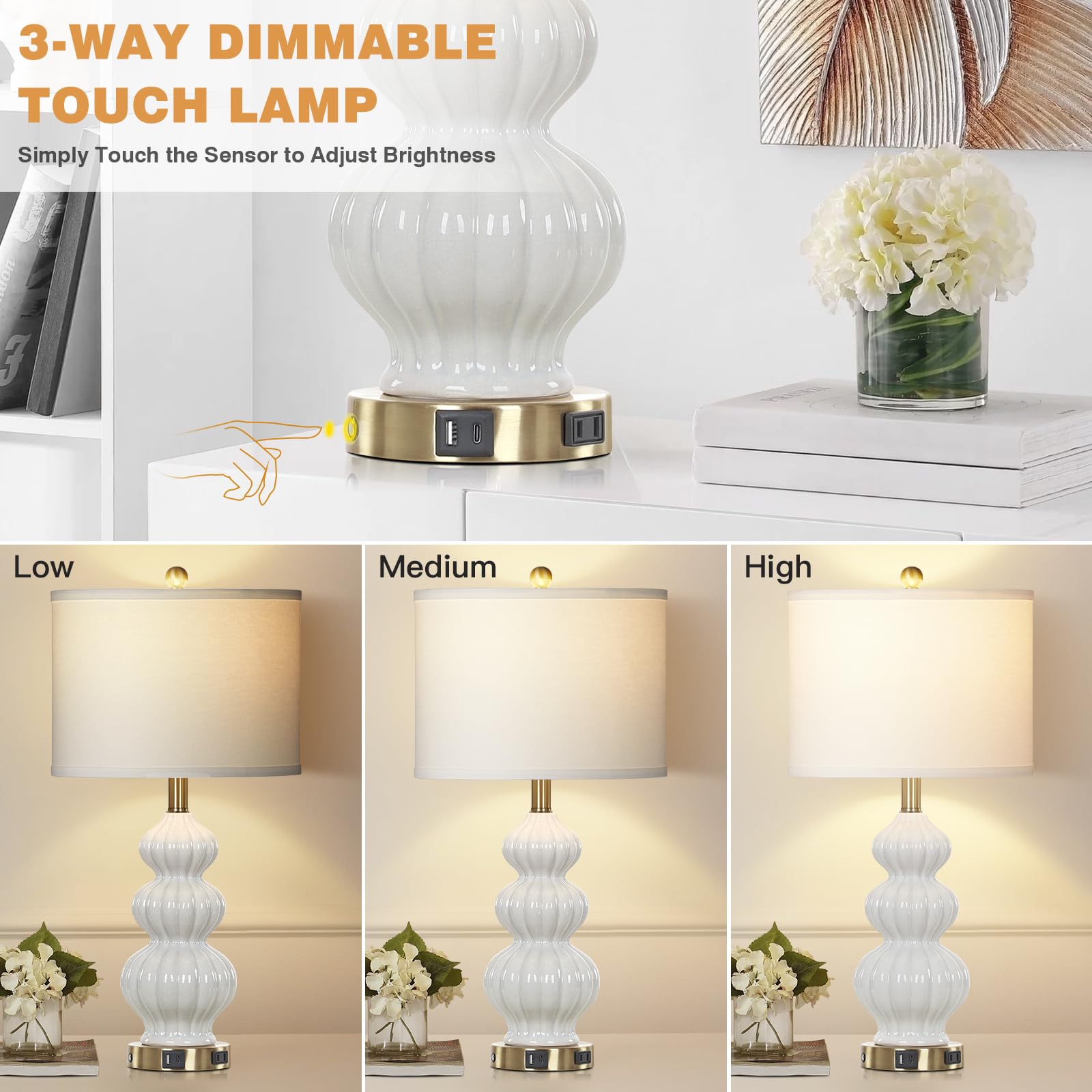 Modern Triple Gourd Ceramic Table Lamps Set of 2 - White USB Bedside Lamps with USB A+C Ports & AC Outlet, 3-Way Touch Control Nightstand Lighting for Bedroom, Living Room, Office - Perfect for Reading, Working & Home Decor