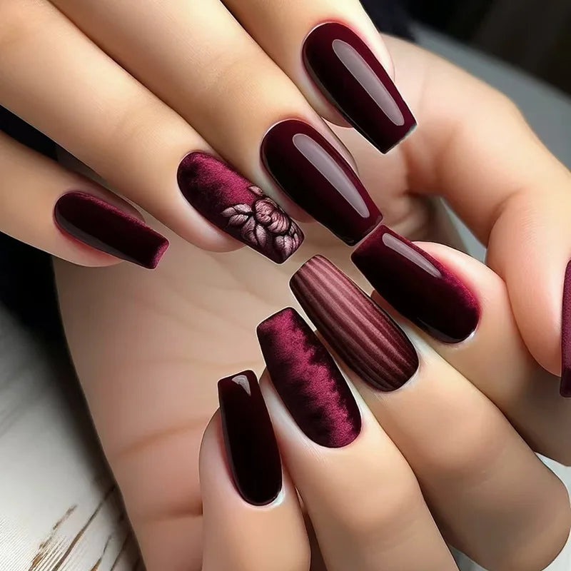 24Pcs Long Ballet False Nails - Dark Red Flower Press on Nails with Stripe French Coffin Design | Romantic Rose Medium Acrylic Fake Nails for Parties, Weddings & Special Occasions
