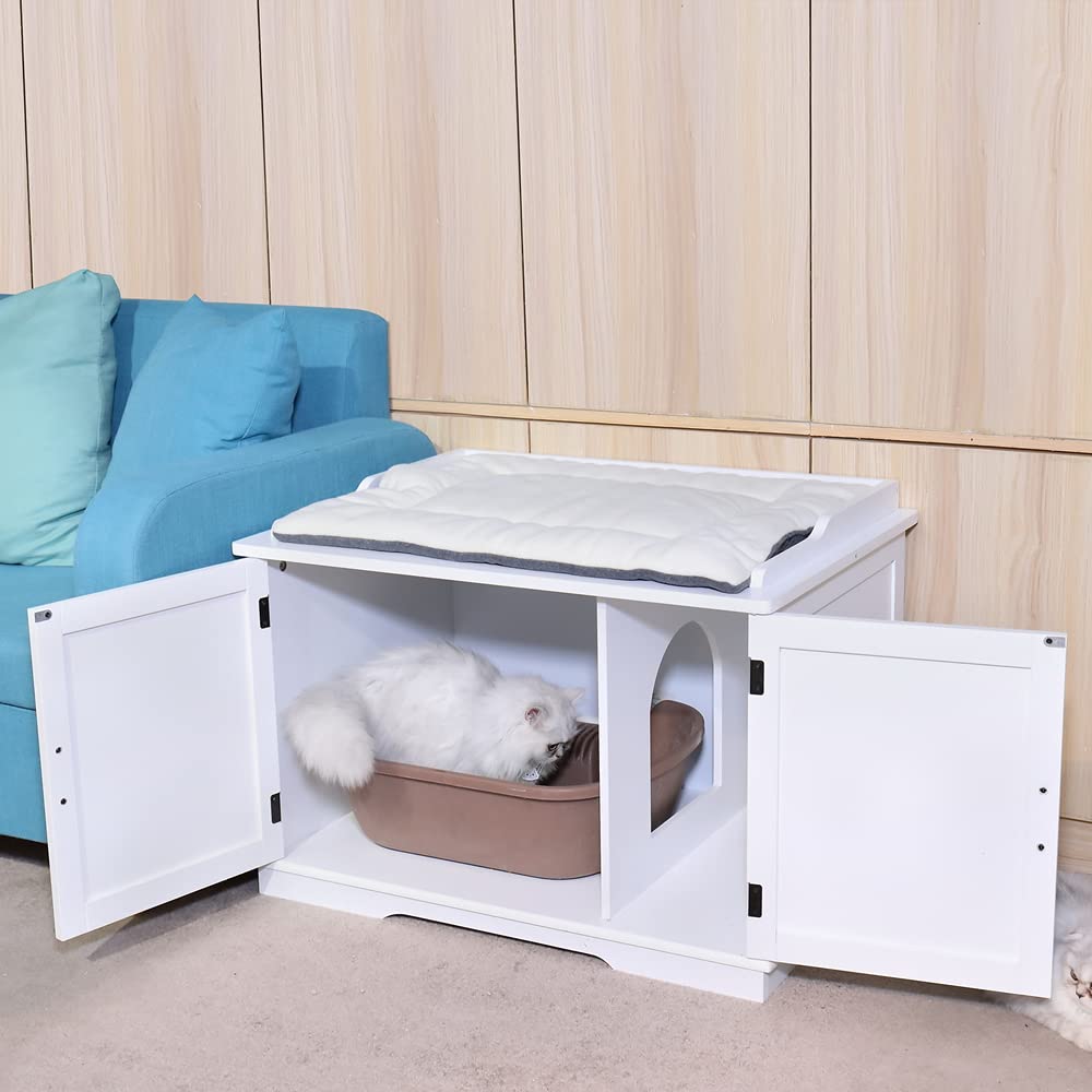 VINGLI White Cat Litter Box Enclosure - Modern Cat Washroom Storage Bench with Privacy Cover, Multi-Functional Nightstand Side Table & Kitty House Furniture for Small Spaces | Perfect for Apartments, Living Rooms & Bedrooms