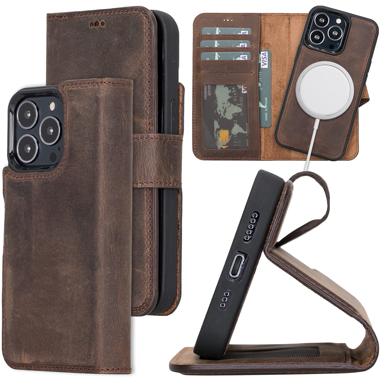 Premium Bayelon iPhone 13 Pro Leather Wallet Case - Detachable Magnetic Flip Cover with Card Slots & Kickstand | Full Grain Leather | Magsafe Compatible | Dark Brown | Perfect for Business Travel & Everyday Use