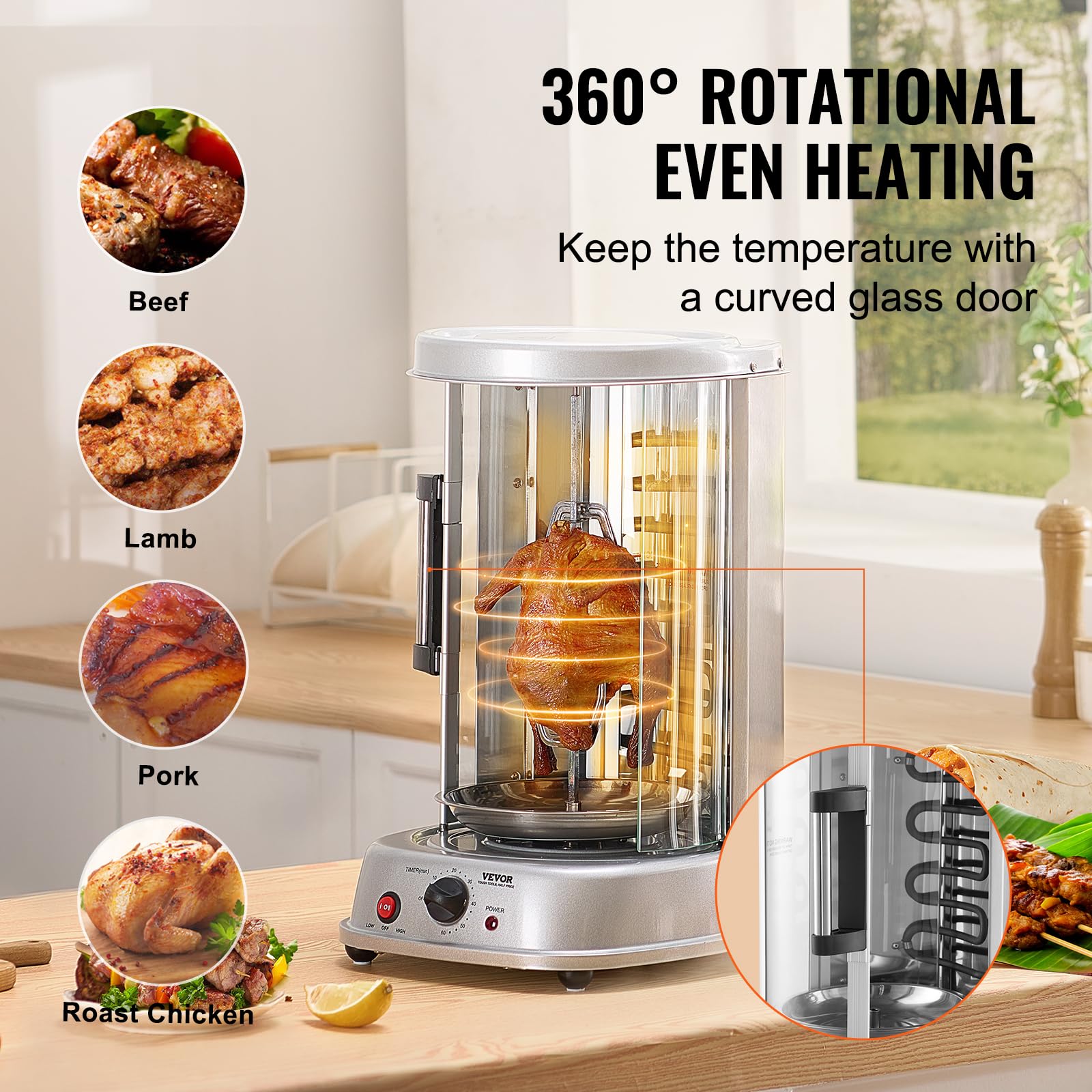 VEVOR Electric Shawarma Grill Machine - Stainless Steel Vertical Chicken Rotisserie Oven for Gyro, Doner Kebab & Shawarma | Commercial & Home Use for Restaurants, Kitchens & Parties | Perfect for Mediterranean Cuisine, Food Trucks & Catering Events