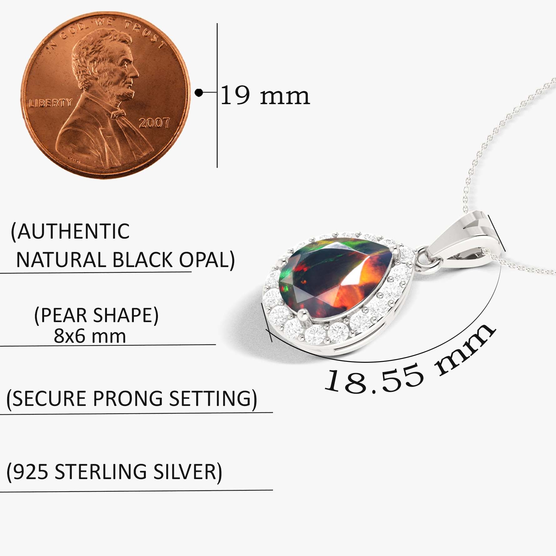 Natural Black Opal & White Zircon Halo Pendant Necklace - Elegant Chain Jewelry for Women, Gift for Her, Perfect for Weddings, Parties & Special Occasions