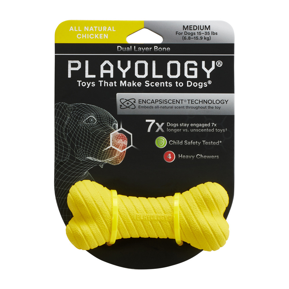 Playology Dual Layer Bone Dog Toy with Chicken Scent - Durable Chew Toy for Aggressive Chewers, Interactive Play & Training Treats - Perfect for Large Breed Dogs, Puppies & Outdoor Activities