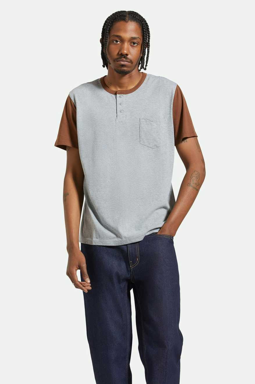 20th Anniversary Detroit Henley Pocket T-Shirt for Men - Heather Grey & Pinecone Brown - Vintage Style Casual Shirt for Everyday Wear, Street Fashion, and Urban Outfits