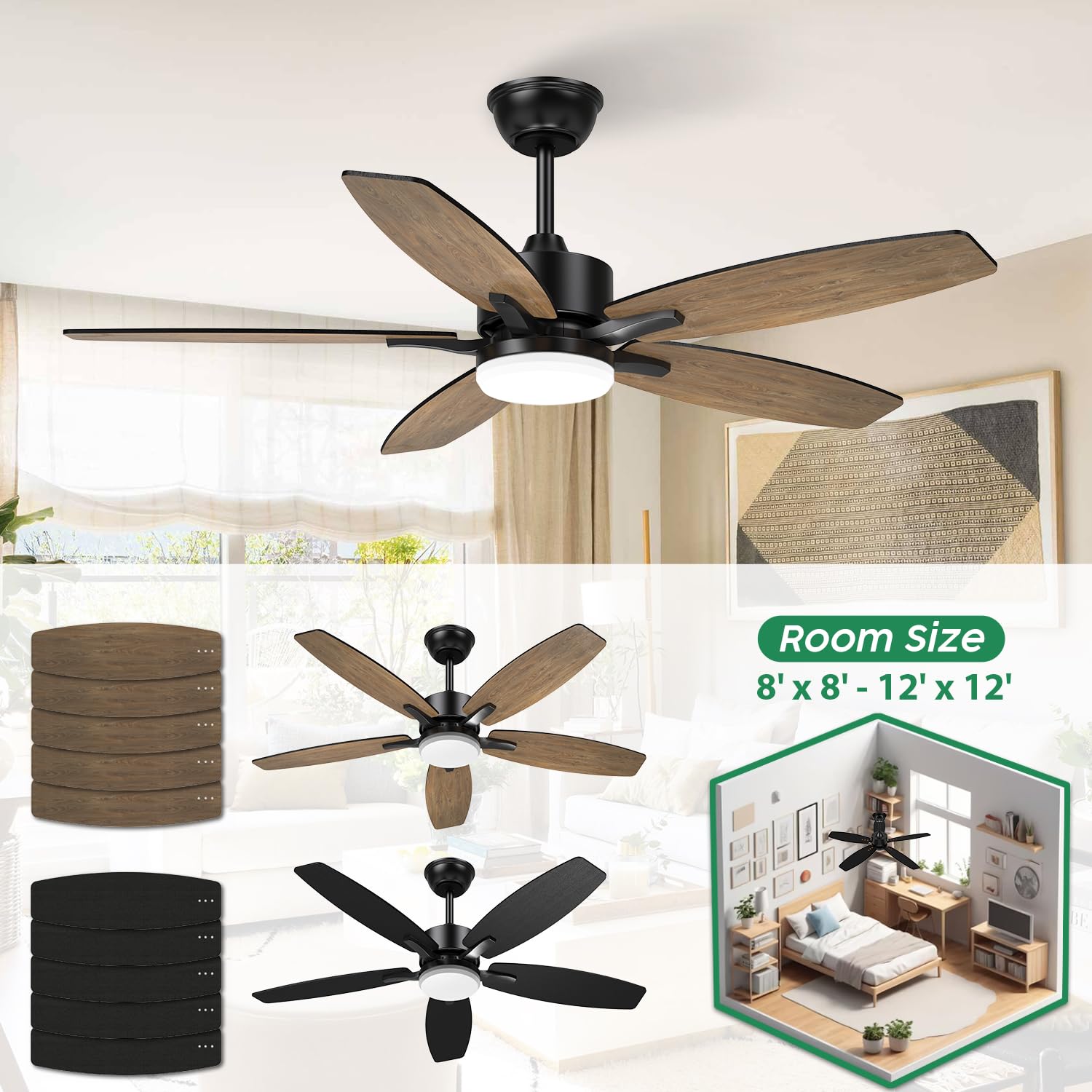 42 Inch Modern Black Ceiling Fan with Light and Remote - Reversible DC Motor, 3CCT, 6 Speeds - Small Farmhouse Style for Bedroom, Living Room, Kitchen - Indoor/Outdoor Use - Perfect for Home, Office, and Patio Cooling