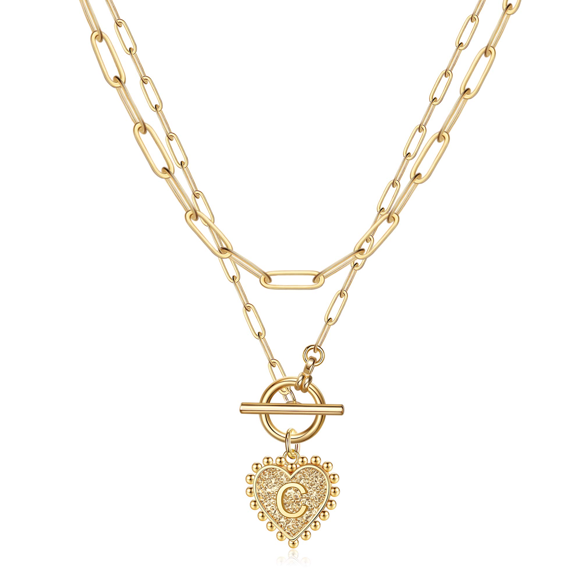 14K Gold Plated Layered Initial Necklace for Women - Heart Letter Pendant Paperclip Chain Choker with Toggle Clasp | Personalized Name Jewelry Gift for Her | Perfect for Everyday Wear, Date Nights & Special Occasions