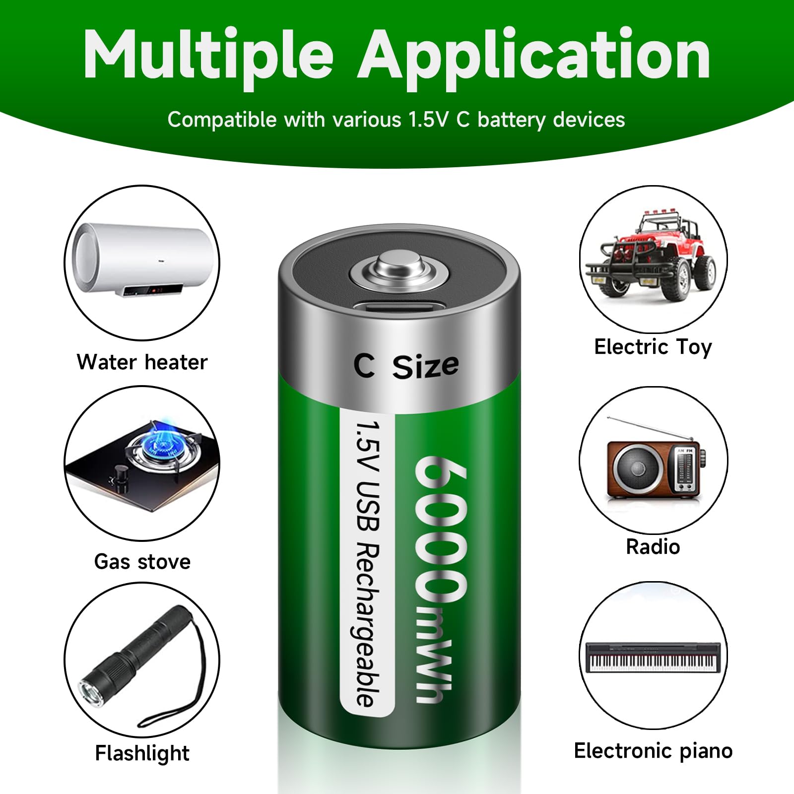 USB Rechargeable C Batteries 4-Pack - 1.5V 6000mWh Lithium Batteries with Type-C Charger, 1500+ Charge Cycles, LED Indicator - Perfect for Flashlights, Toys, Radios & Emergency Kits