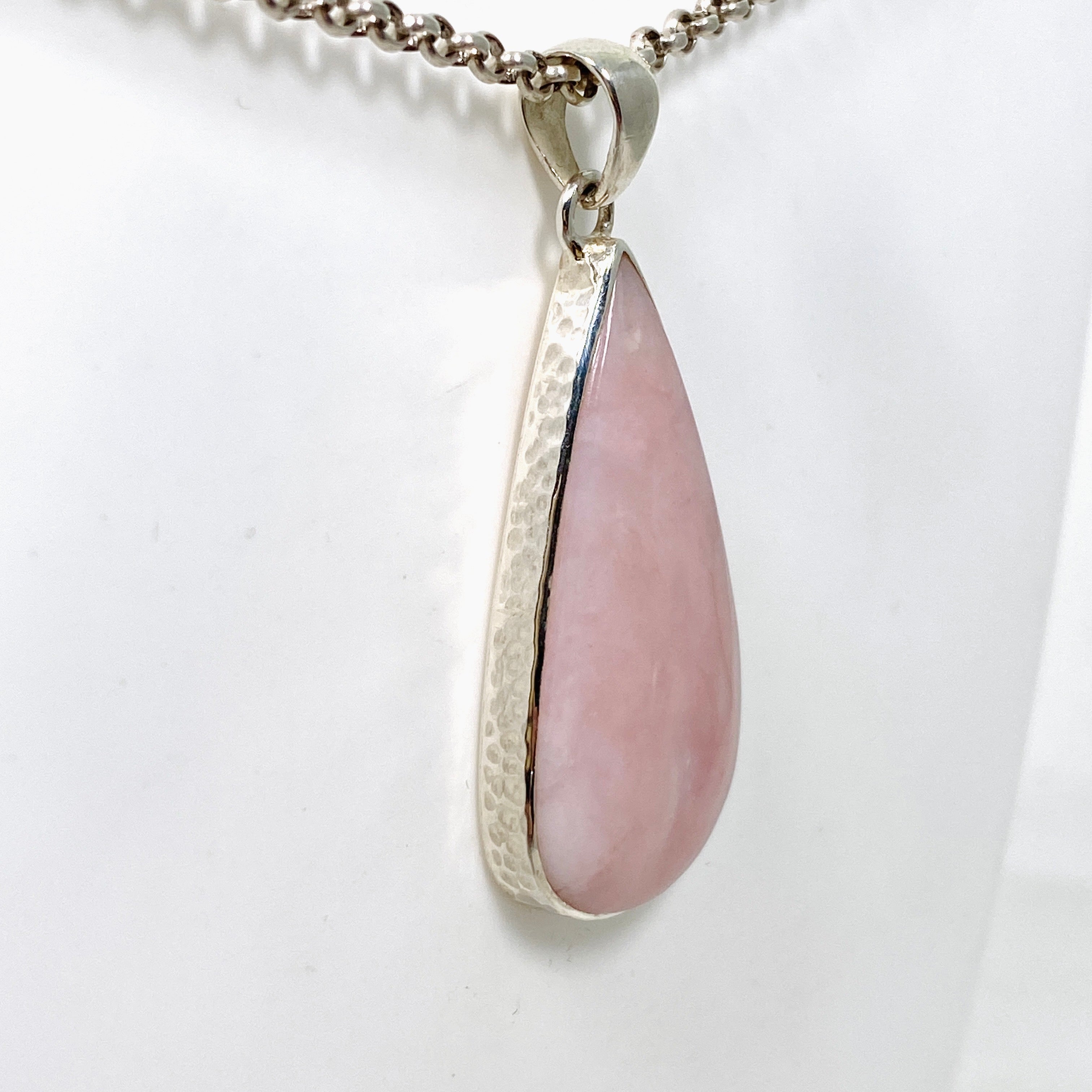 Natural Pink Opal Teardrop Cabochon Pendant in Handcrafted Hammered Sterling Silver Setting KPGJ4670 | Elegant Boho Jewelry for Women, Perfect for Everyday Wear & Special Occasions