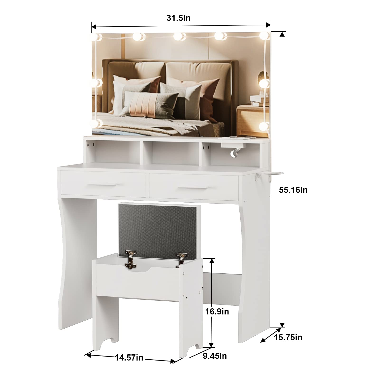 Vabches Makeup Vanity with LED Lighted Mirror & USB Outlet Charging Station - White Vanity Table with 3 Color Lighting Modes & Adjustable Brightness, 31.5 Inch Wide - Perfect for Bedroom, Dressing Room & Home Salon Makeup Application