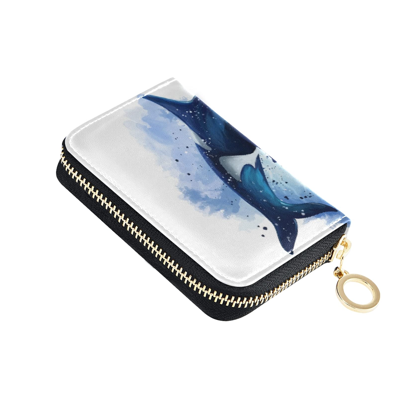 RFID Blocking Leather Wallet for Women - Compact Credit Card Holder with Zipper, Key Organizer & Coin Pocket - Watercolor Killer Whale Design - Perfect for Travel, Work & Everyday Use