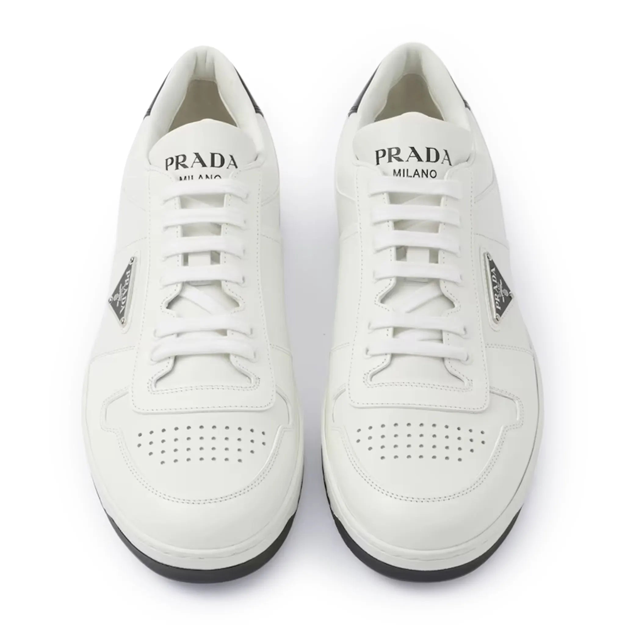 Prada Downtown Triangle Logo White Black Sneakers - Stylish Women's Luxury Fashion Shoes for Casual Wear & Everyday Outfits