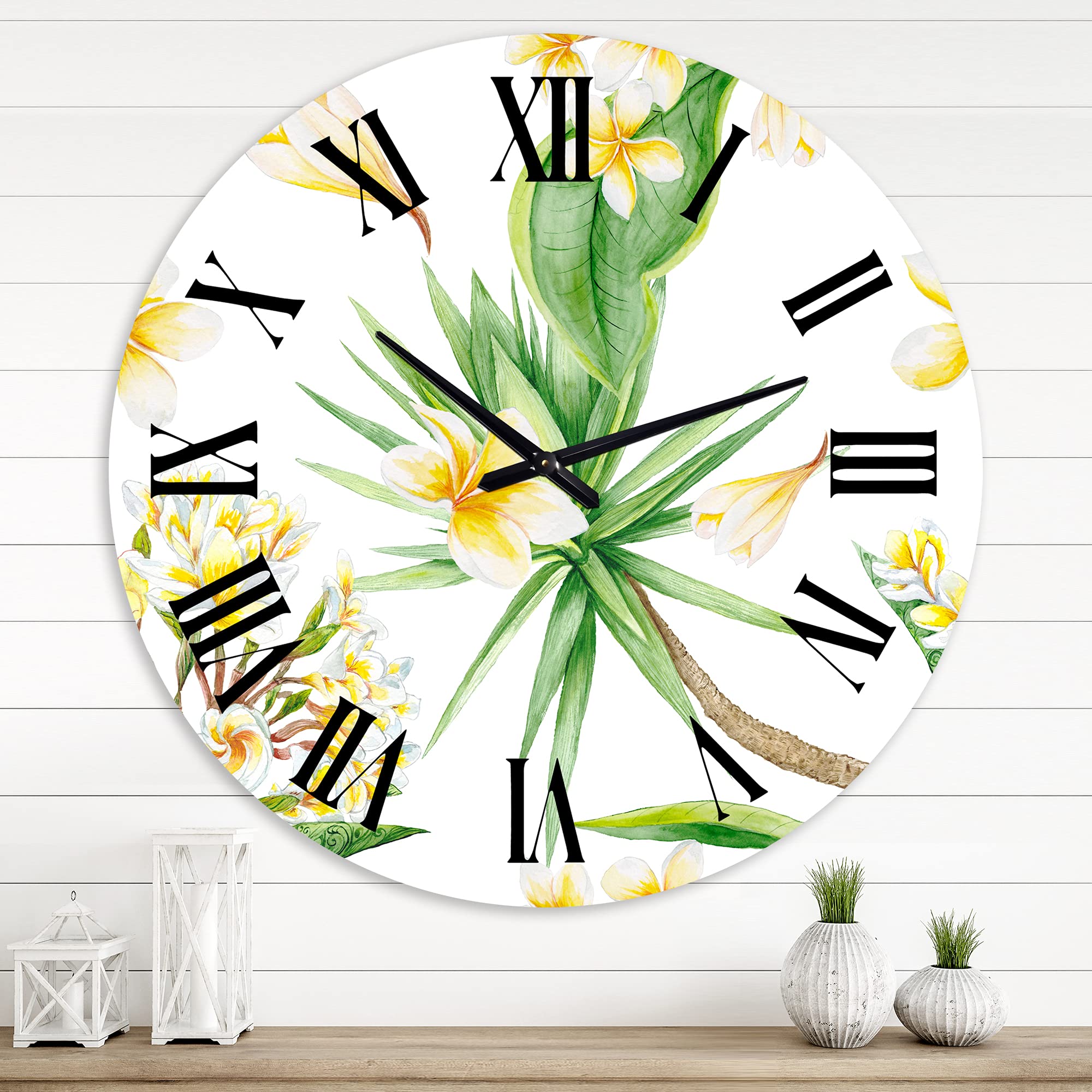 Large Tropical Foliage & Yellow Flowers Wall Clock - Modern Floral Botanical Decor for Living Room, Bedroom, Office | Silent Non-Ticking Home Décor