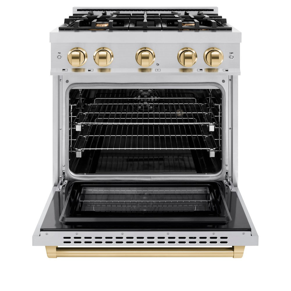 ZLINE Autograph Edition 30-inch 4.2 cu. ft. Dual Fuel Range with 4-Burner Gas Cooktop & Electric Convection Oven - Stainless Steel with Polished Gold Accents (HDRZ 30 G) | Professional Kitchen Appliance for Home Chefs & Cooking Enthusiasts
