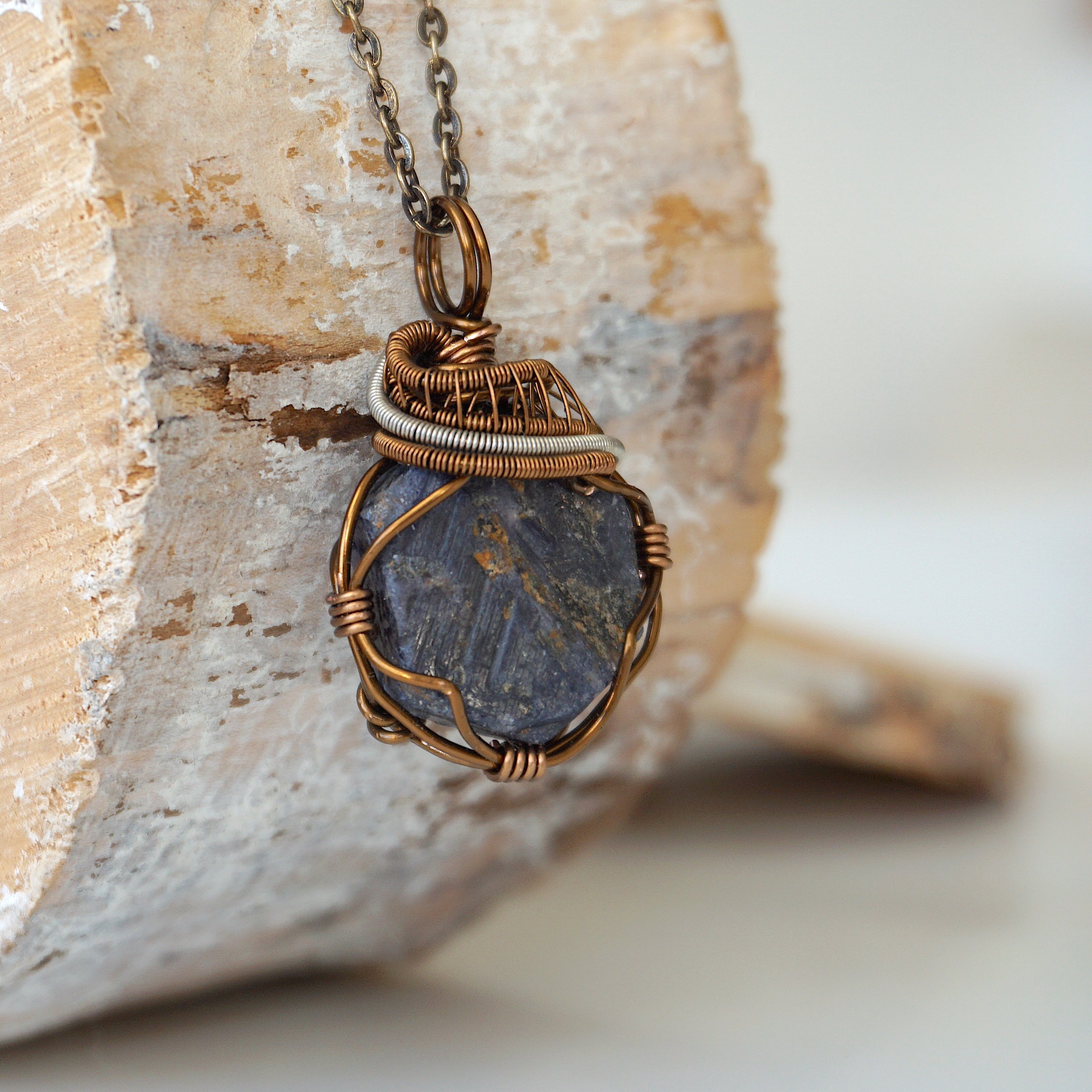 Raw Sapphire Necklace - Handcrafted Mixed Wire Antique Bronze Jewelry for Women | Boho Chic Pendant for Everyday Wear & Special Occasions